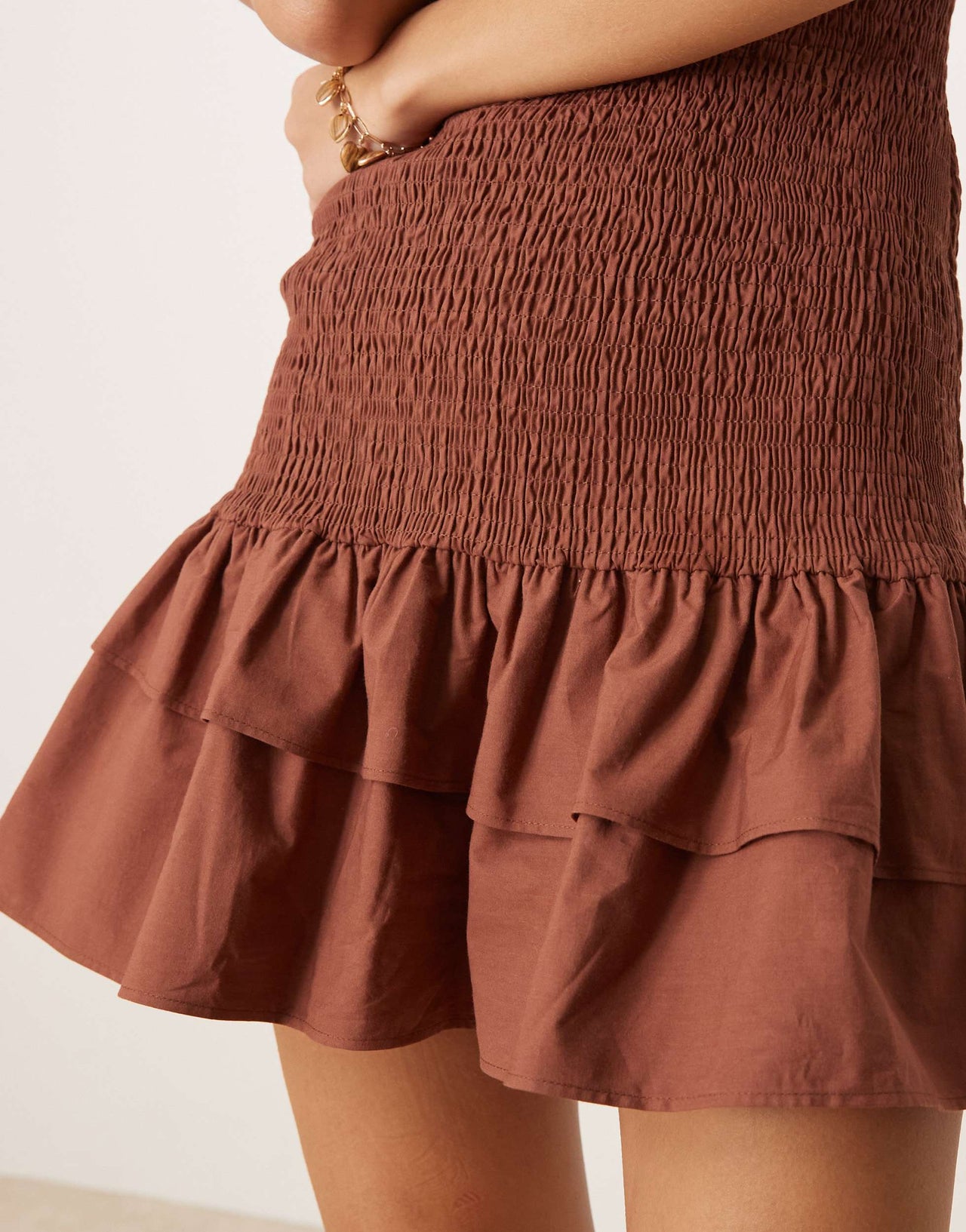ASOS DESIGN racer shirred ruffle hem mini dress in chocolate