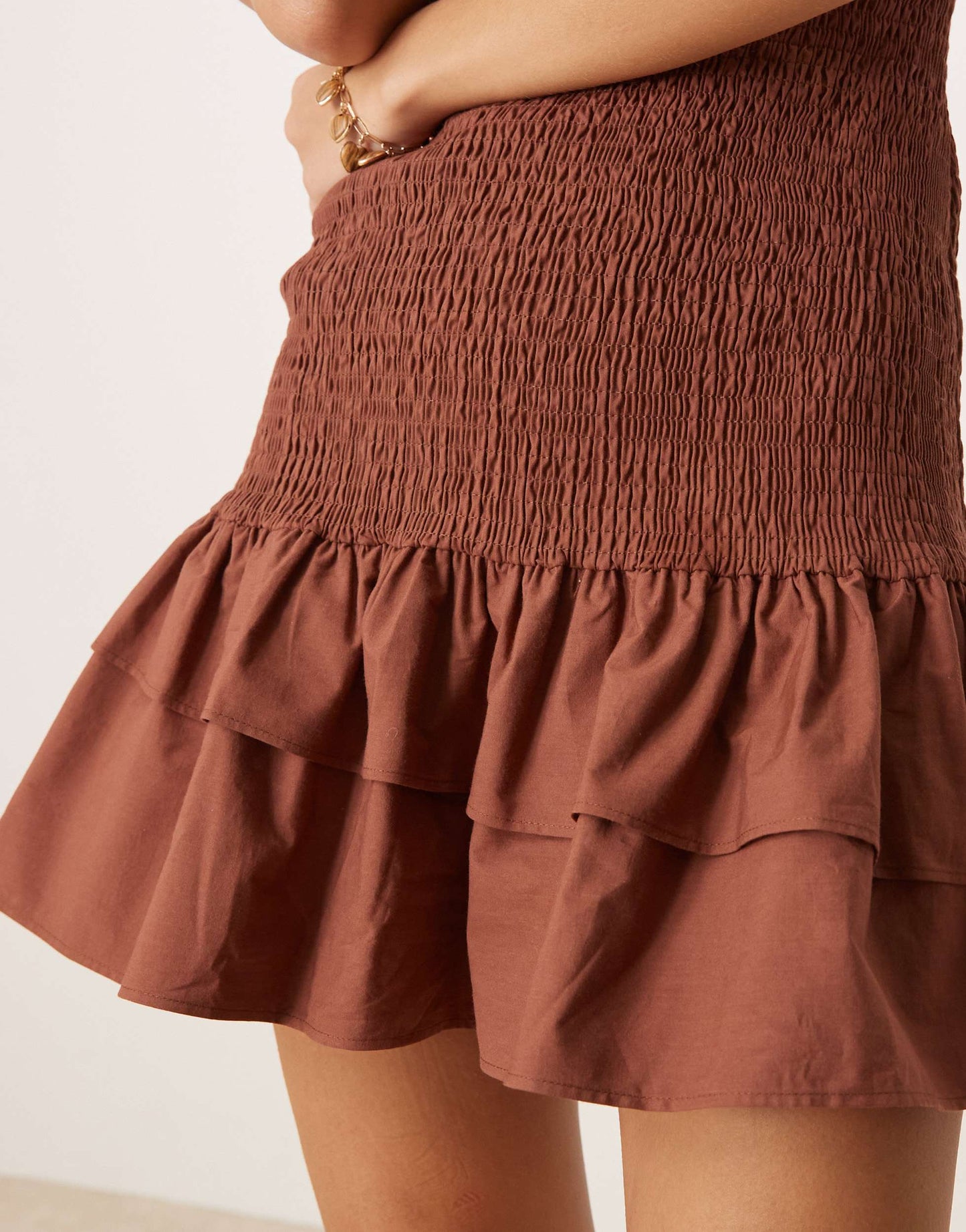 ASOS DESIGN racer shirred ruffle hem mini dress in chocolate