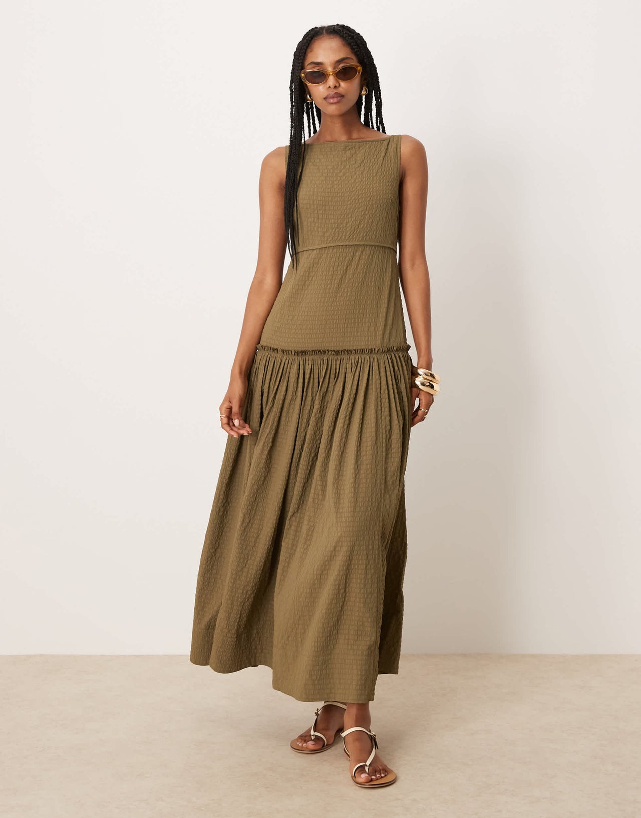 ASOS DESIGN crinkle slash neck maxi dress with seaming detail in olive