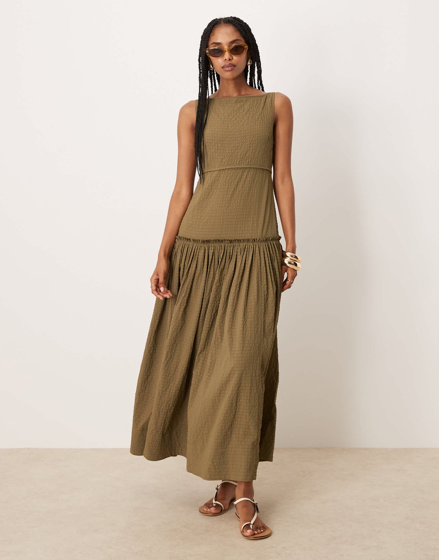 ASOS DESIGN crinkle slash neck maxi dress with seaming detail in olive