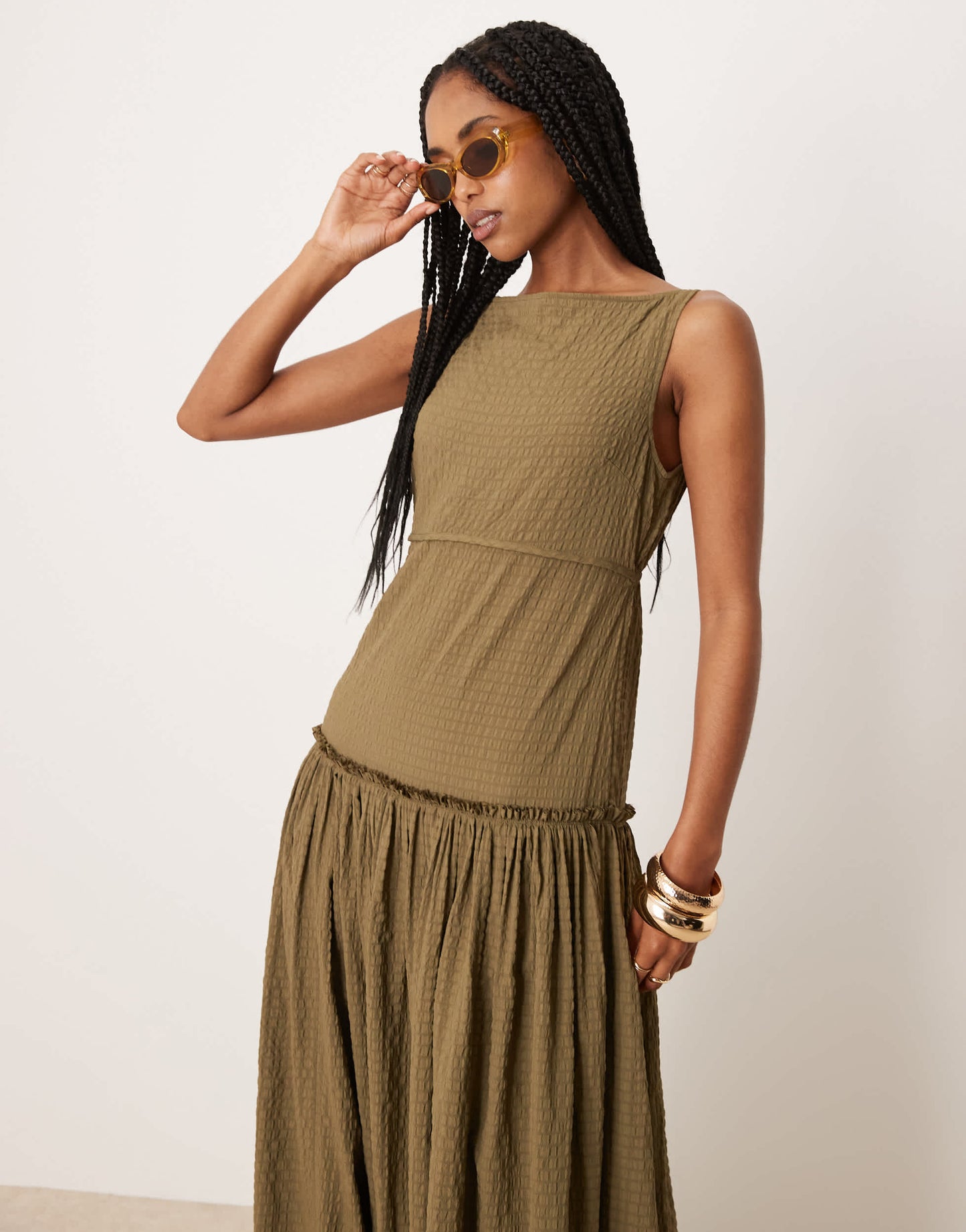 ASOS DESIGN crinkle slash neck maxi dress with seaming detail in olive