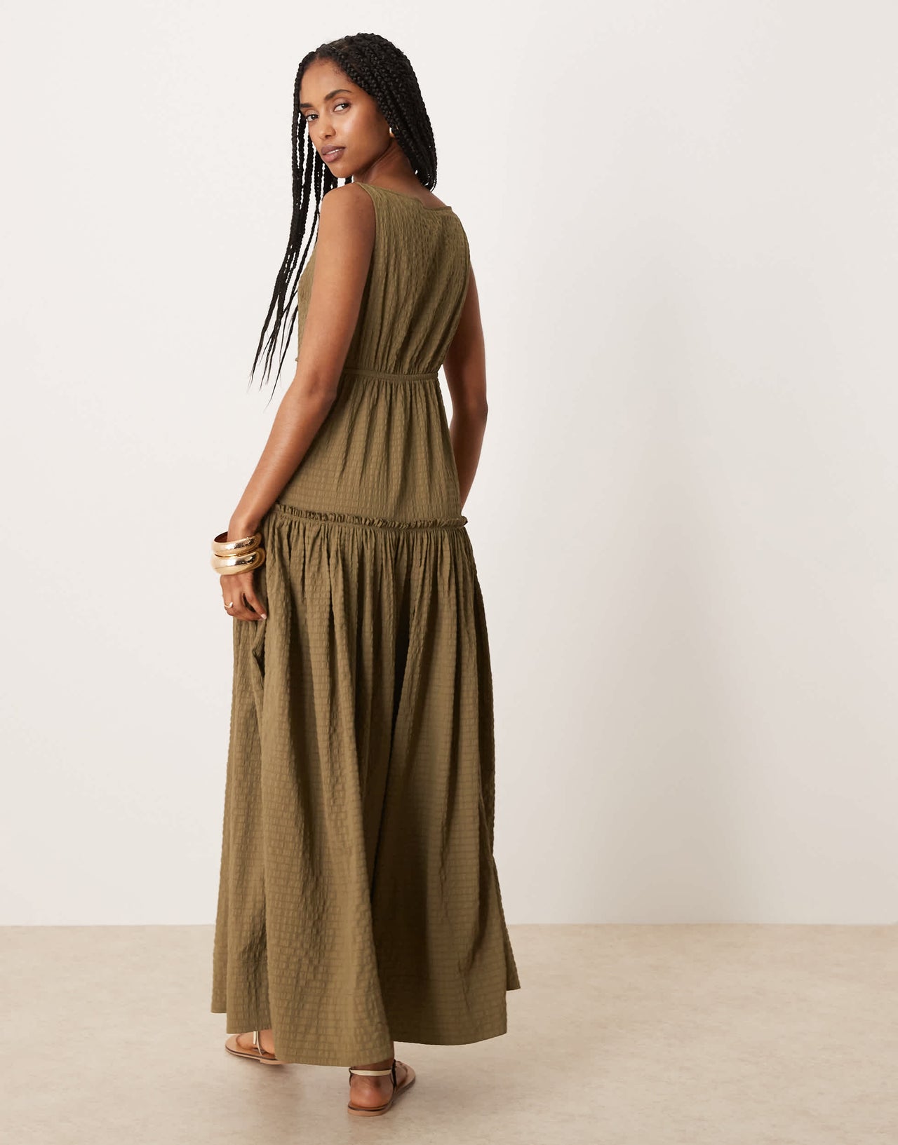 ASOS DESIGN crinkle slash neck maxi dress with seaming detail in olive