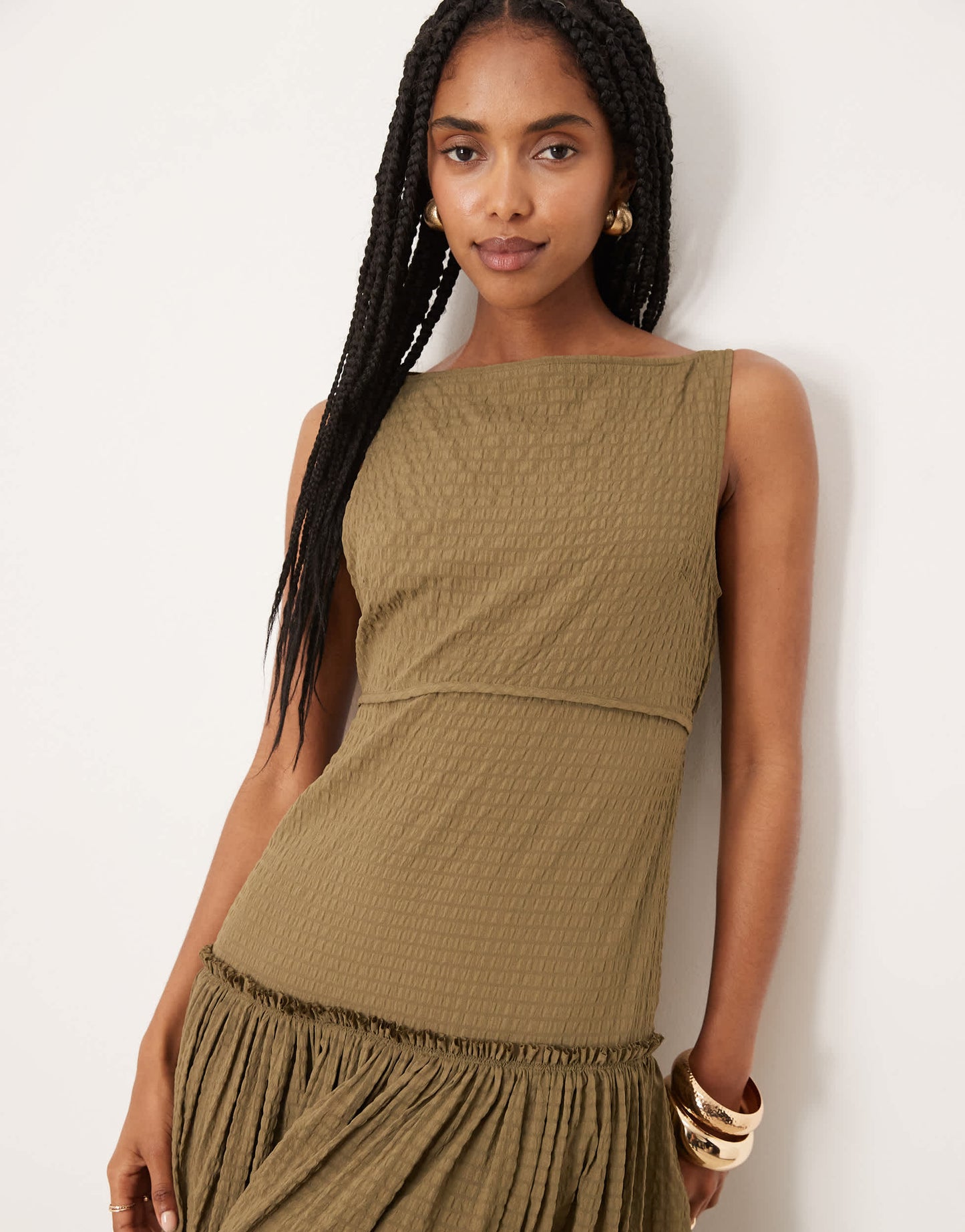 ASOS DESIGN crinkle slash neck maxi dress with seaming detail in olive