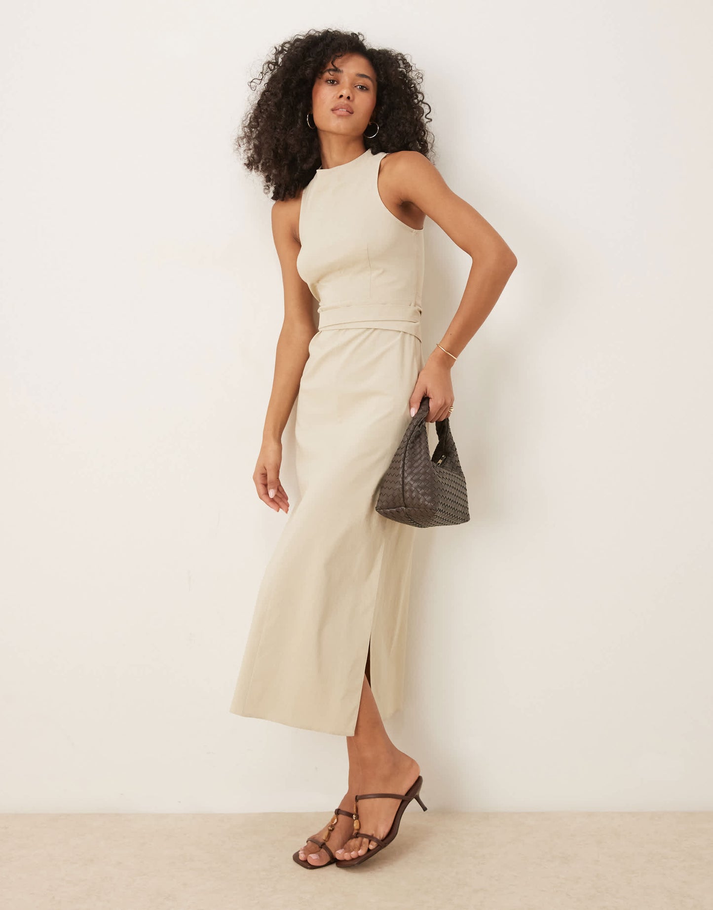 ASOS DESIGN bengaline pencil midi dress with wrap around button belt in stone