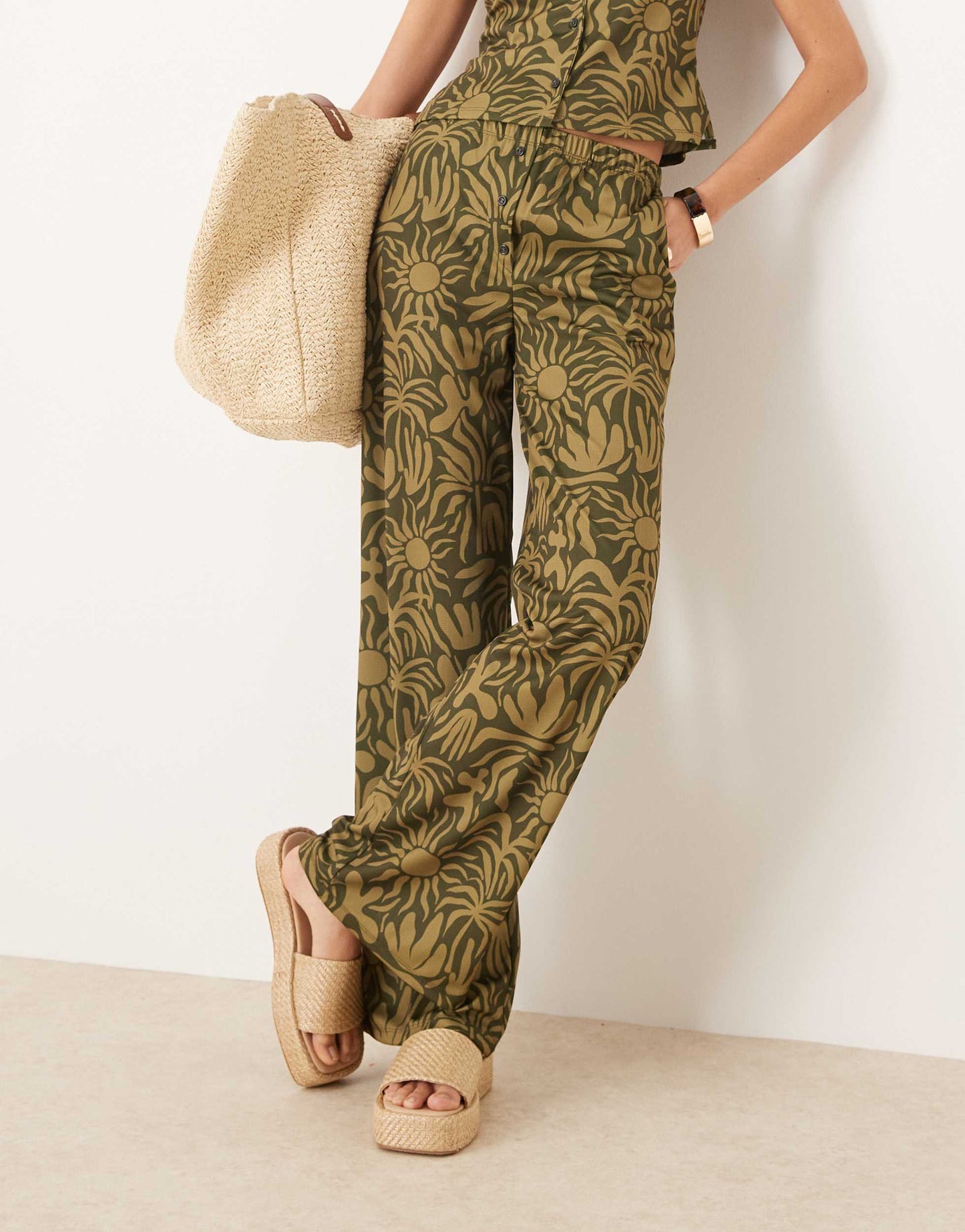 ASOS DESIGN wide leg trouser with floral print co-ord in khaki