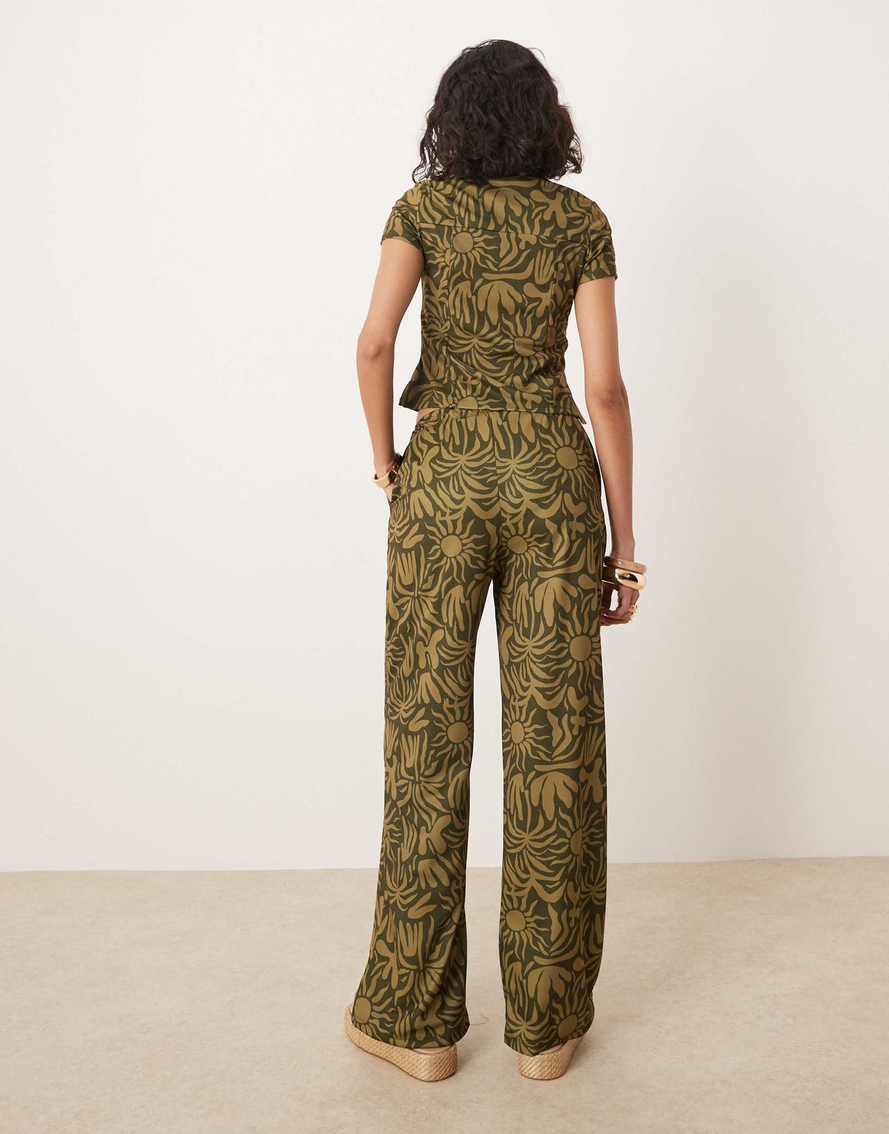 ASOS DESIGN wide leg trouser with floral print co-ord in khaki