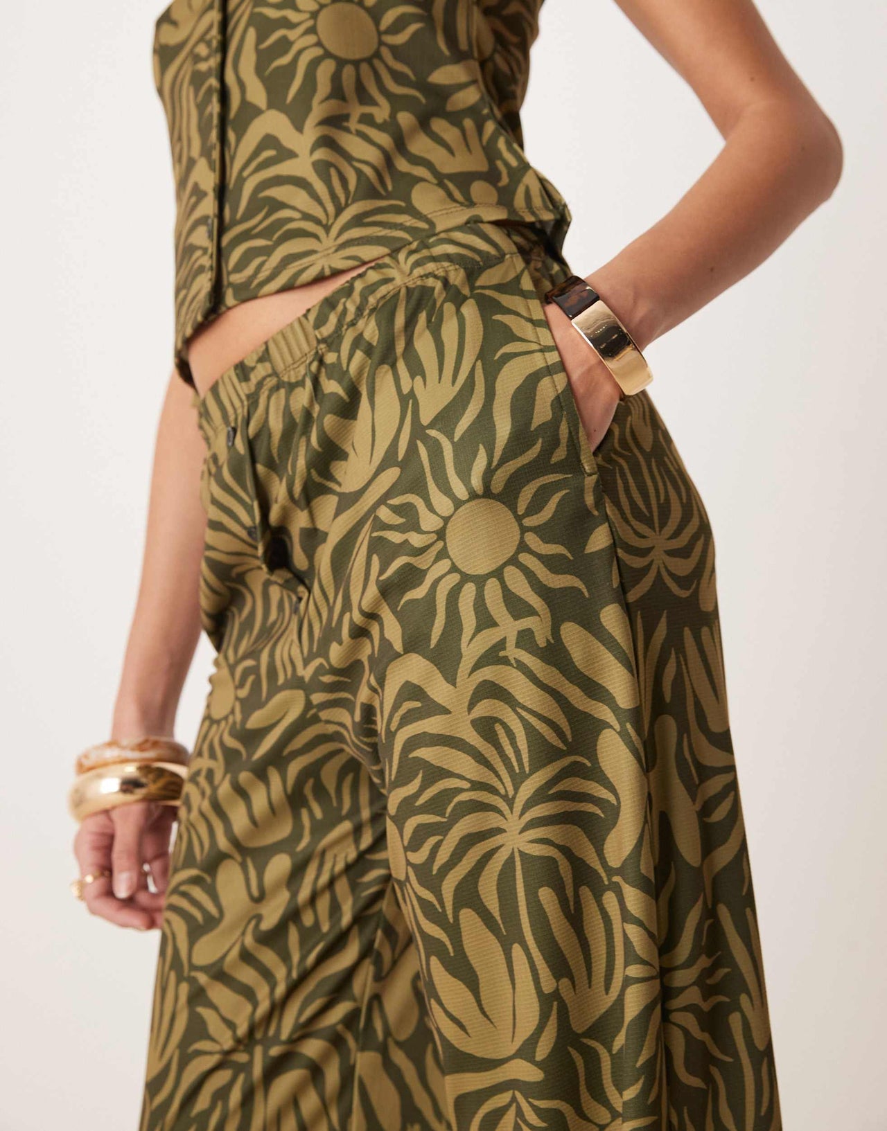 ASOS DESIGN wide leg trouser with floral print co-ord in khaki