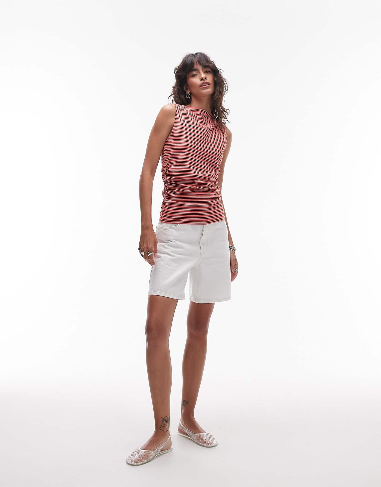 Topshop stripe ruched side tank in red and brown