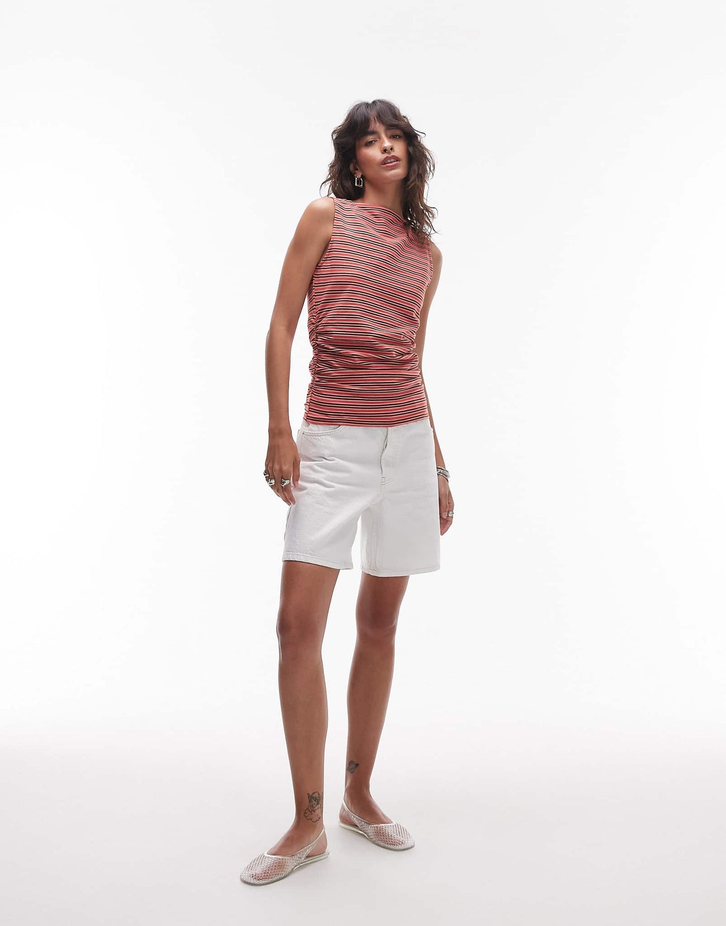 Topshop stripe ruched side tank in red and brown
