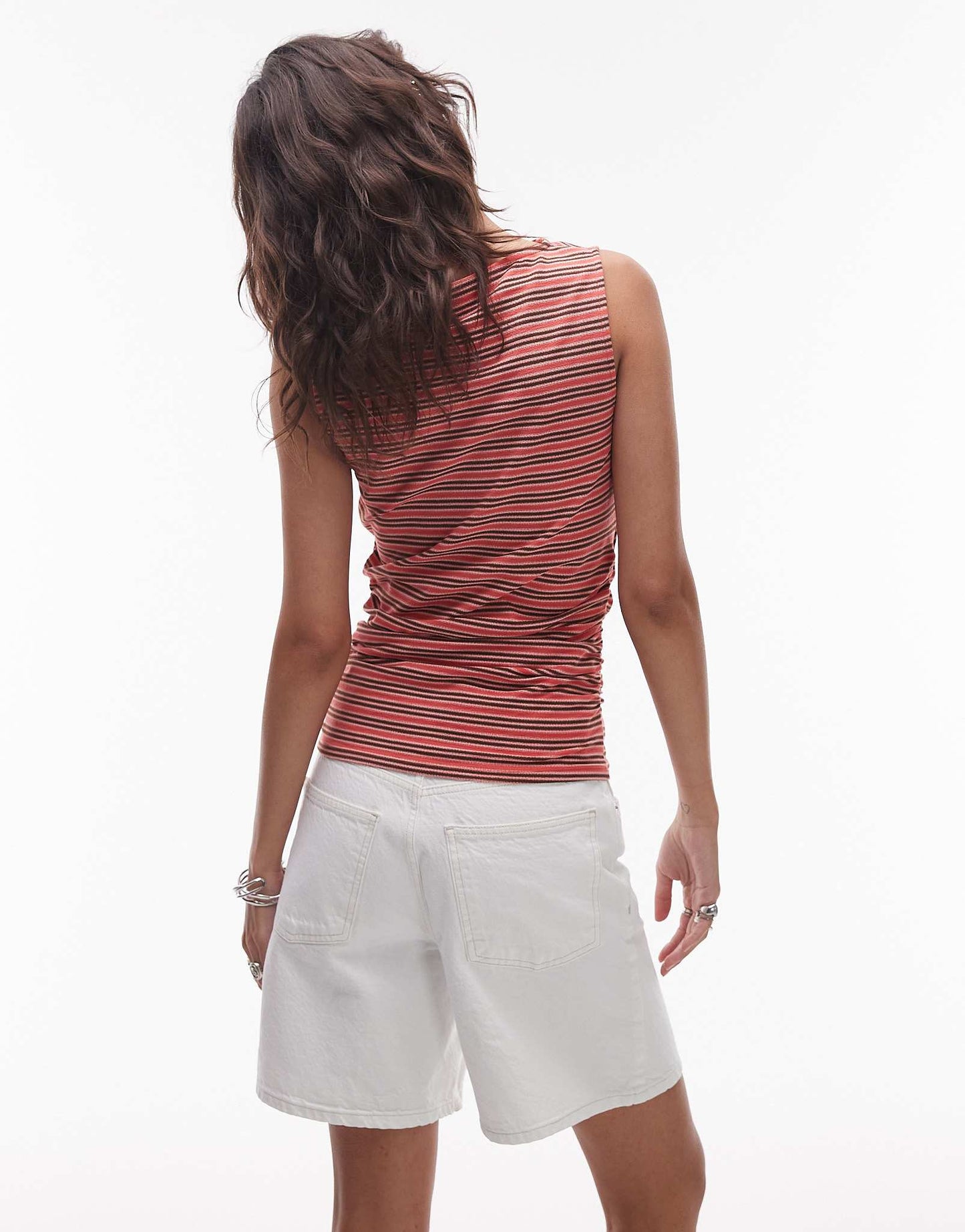 Topshop stripe ruched side tank in red and brown