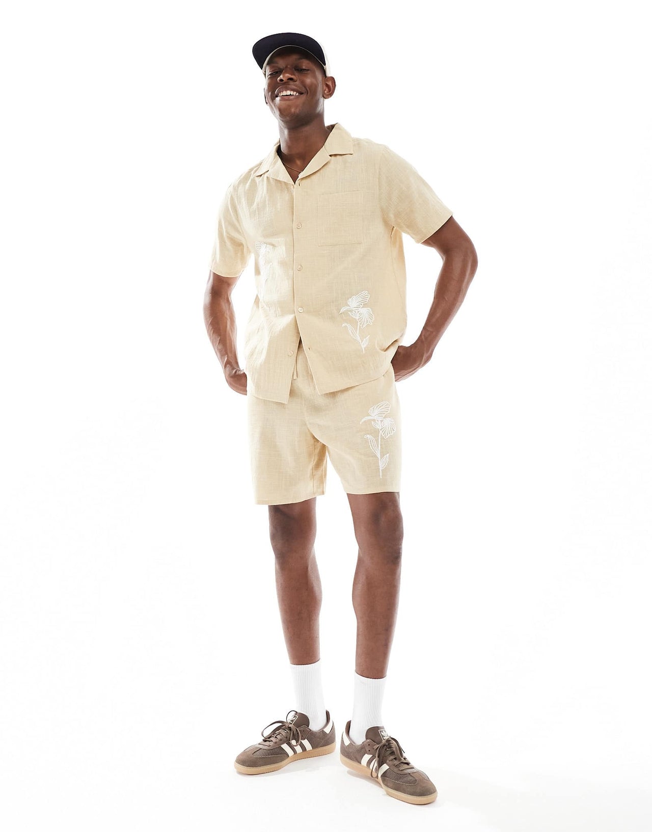 New Look crinkle embroidered shirt co-ord in stone