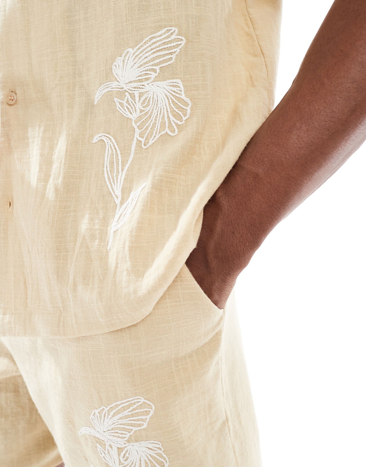 New Look crinkle embroidered shirt co-ord in stone