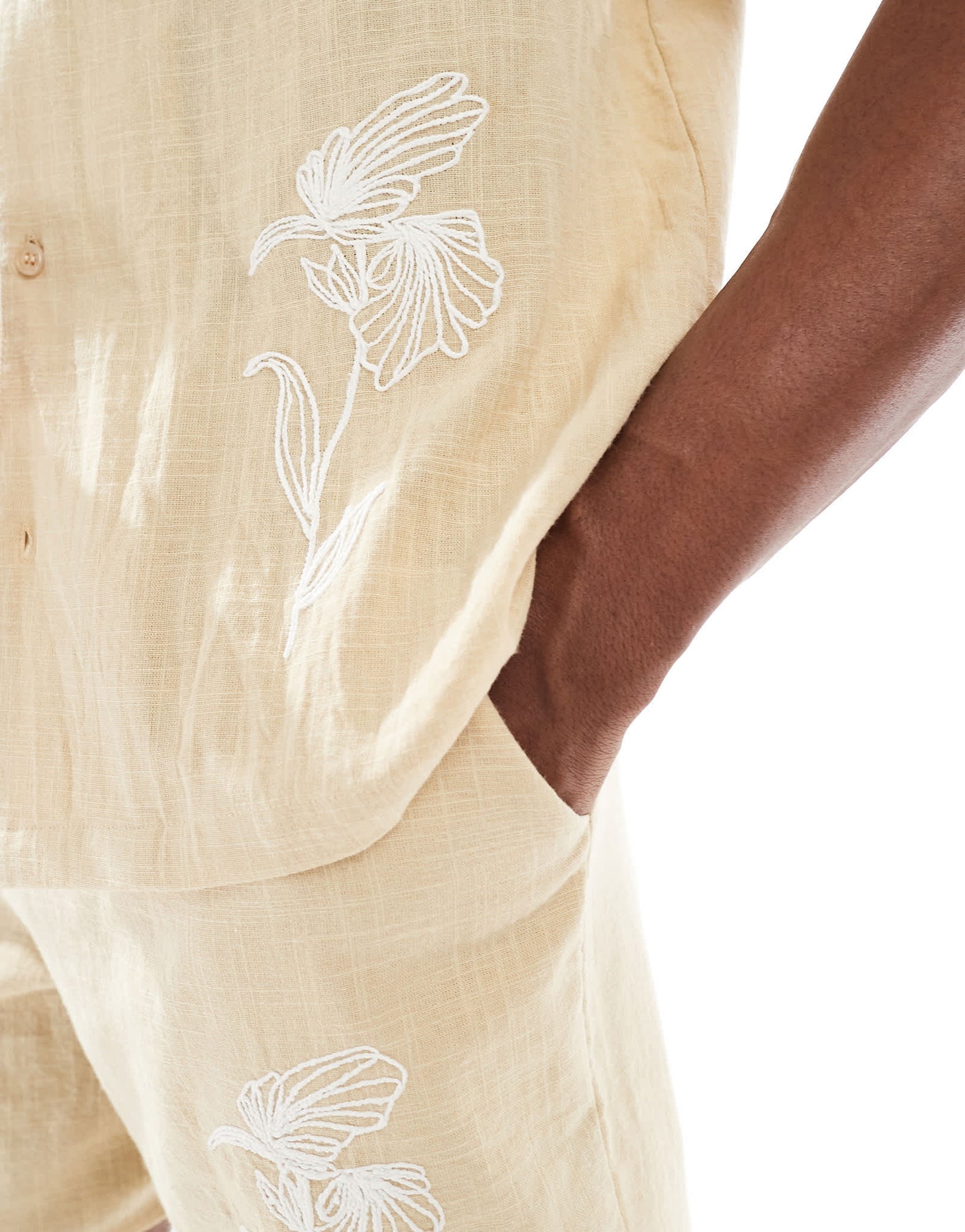 New Look crinkle embroidered shirt co-ord in stone