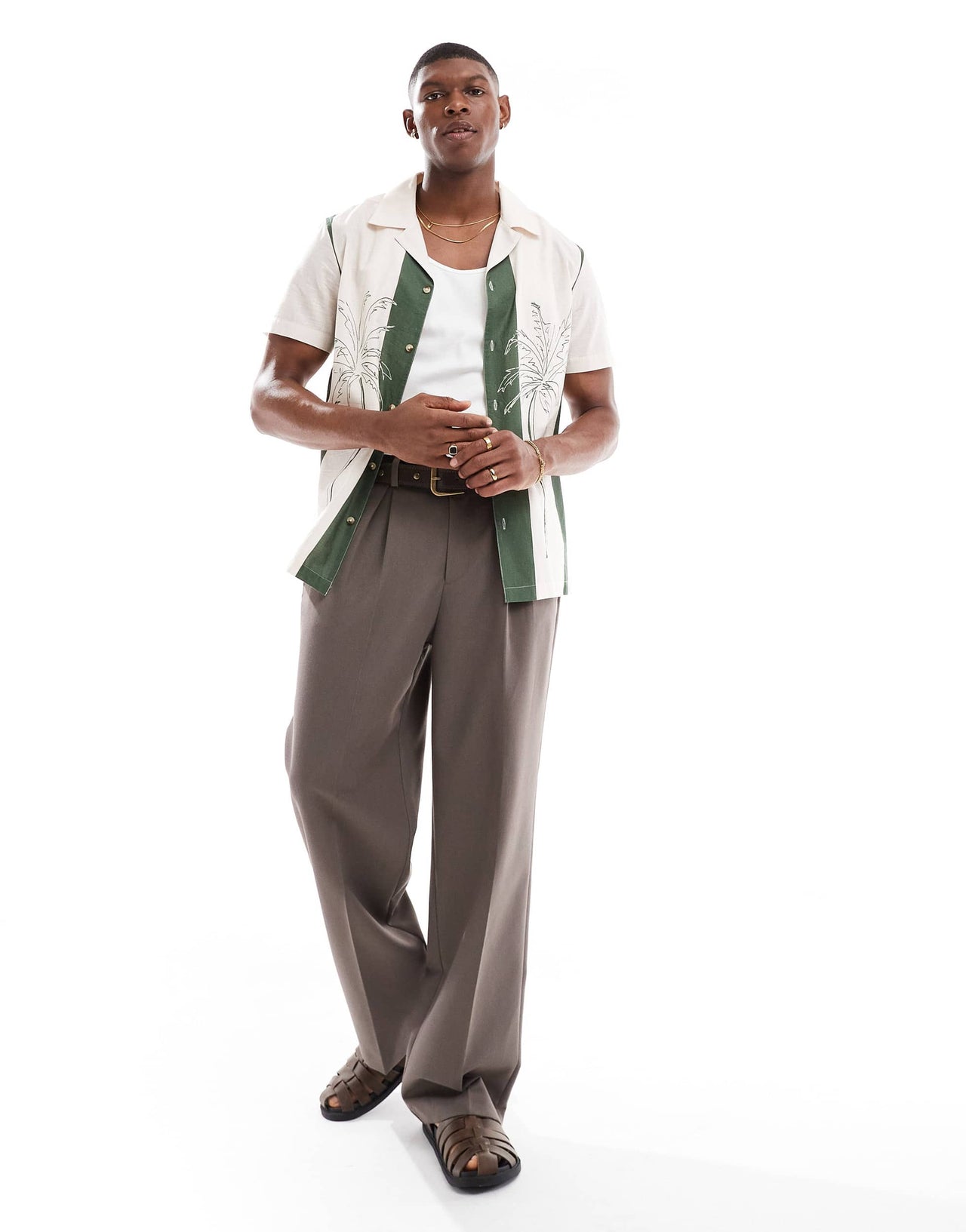 New Look palm print retro bowling shirt in green