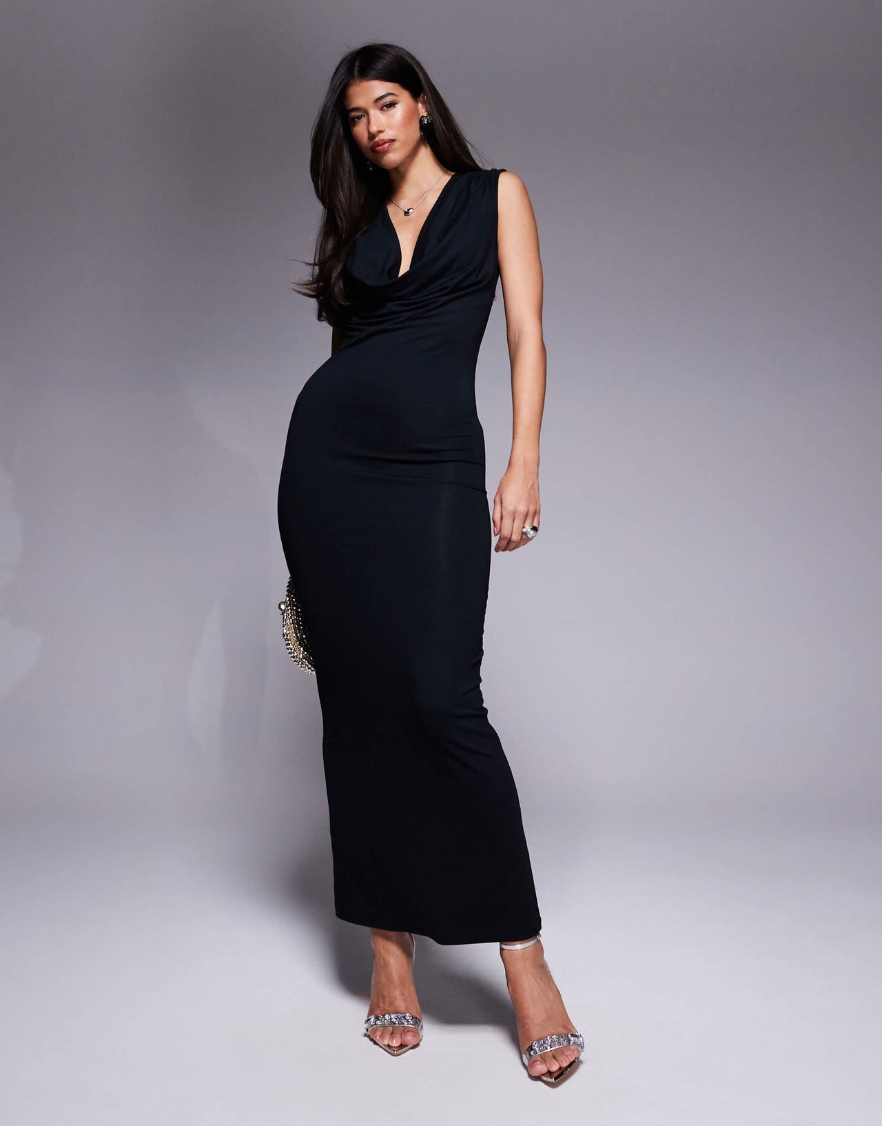 ASOS DESIGN sleeveless cowl neck super plunge maxi dress in black