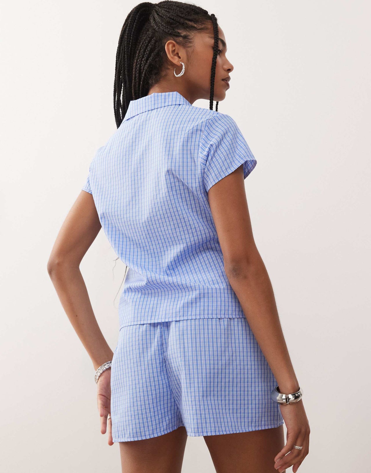 Reclaimed Vintage cap sleeve micro shirt in blue check co ord