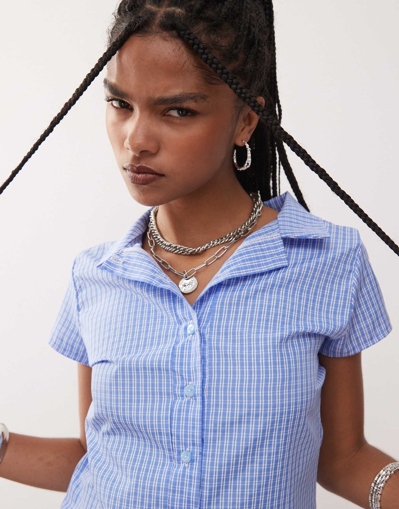 Reclaimed Vintage cap sleeve micro shirt in blue check co ord