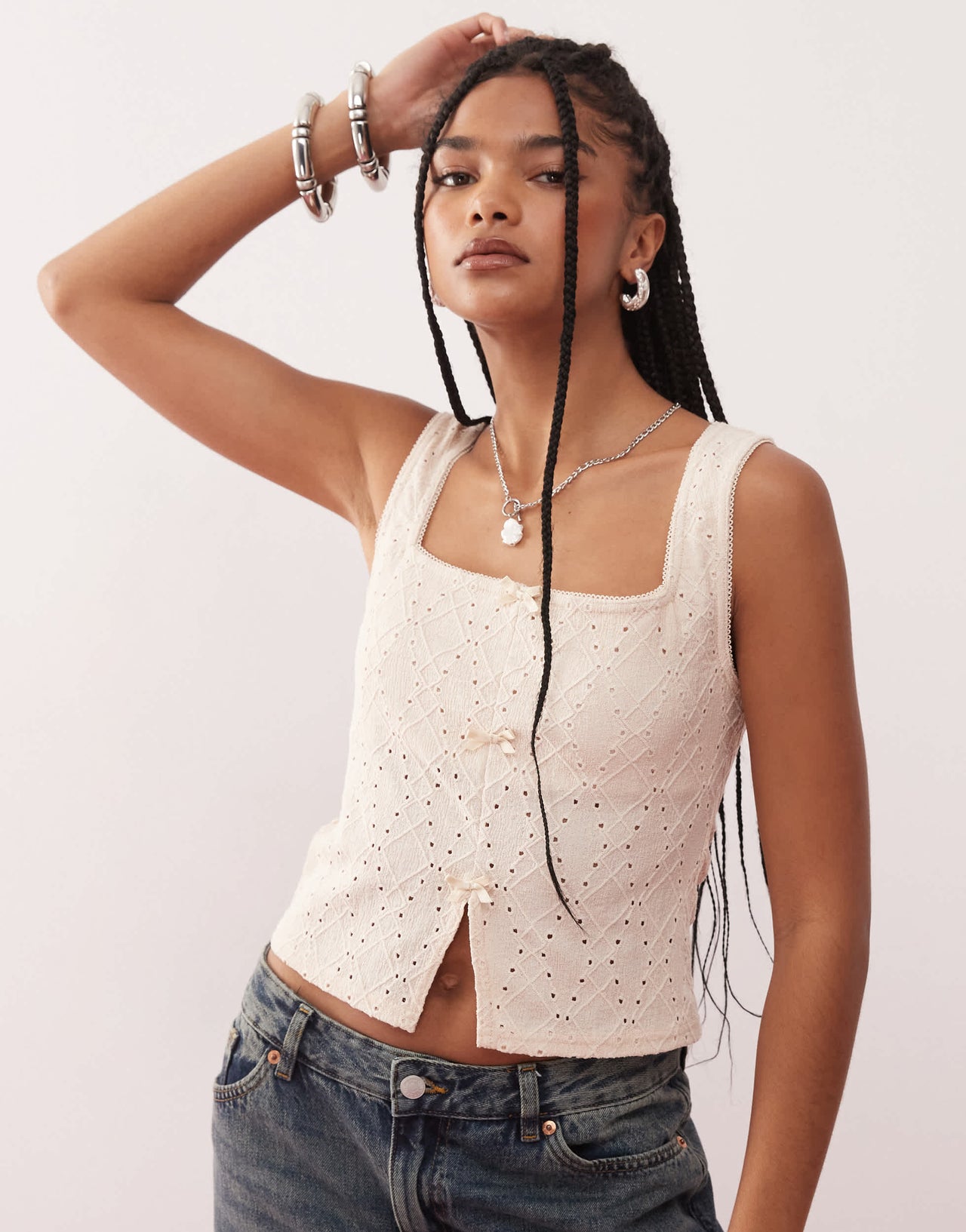 Reclaimed Vintage split front broderie tank in cream