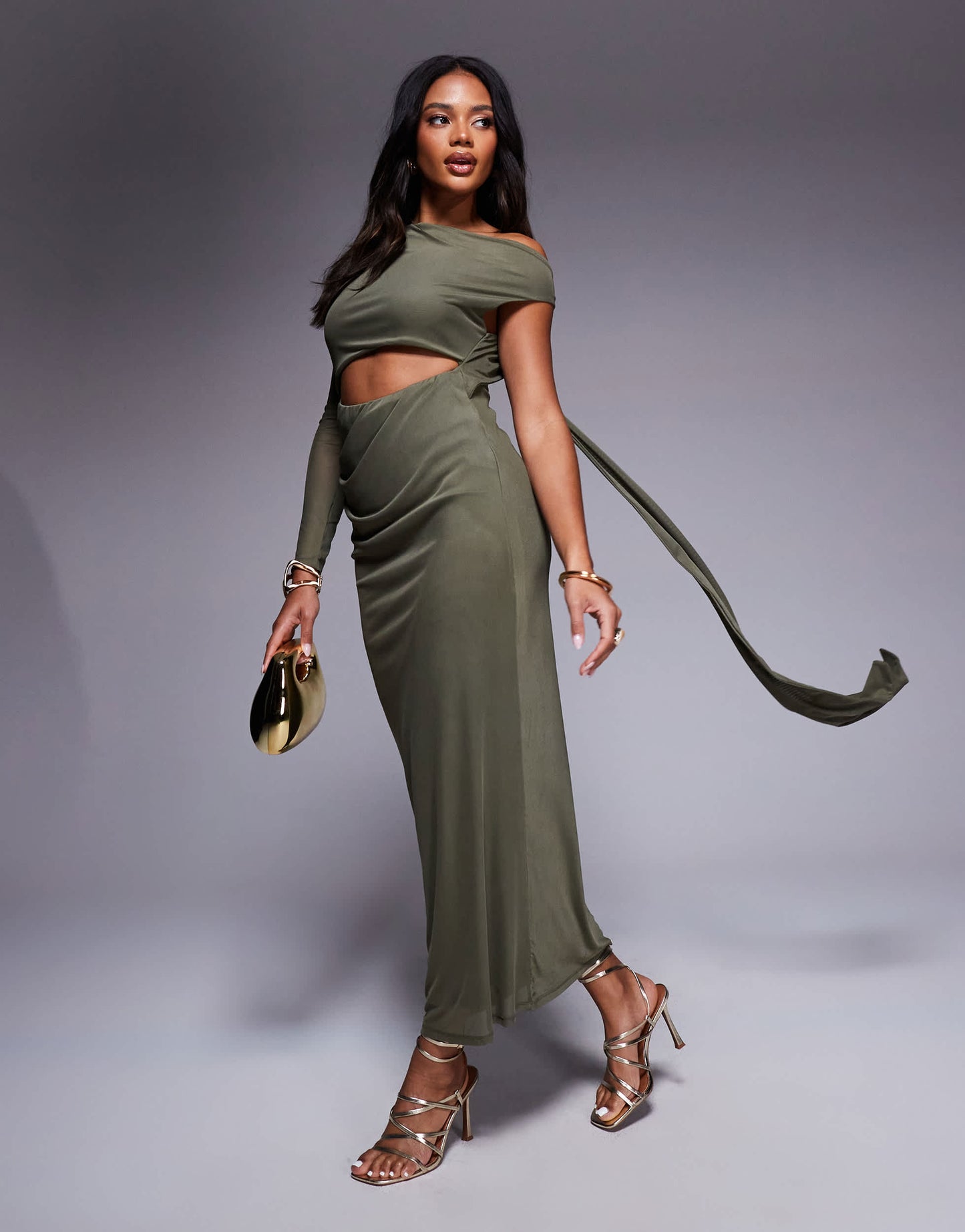 ASOS DESIGN one sleeve with open back with sash detail and mesh inserts midaxi dress in khaki