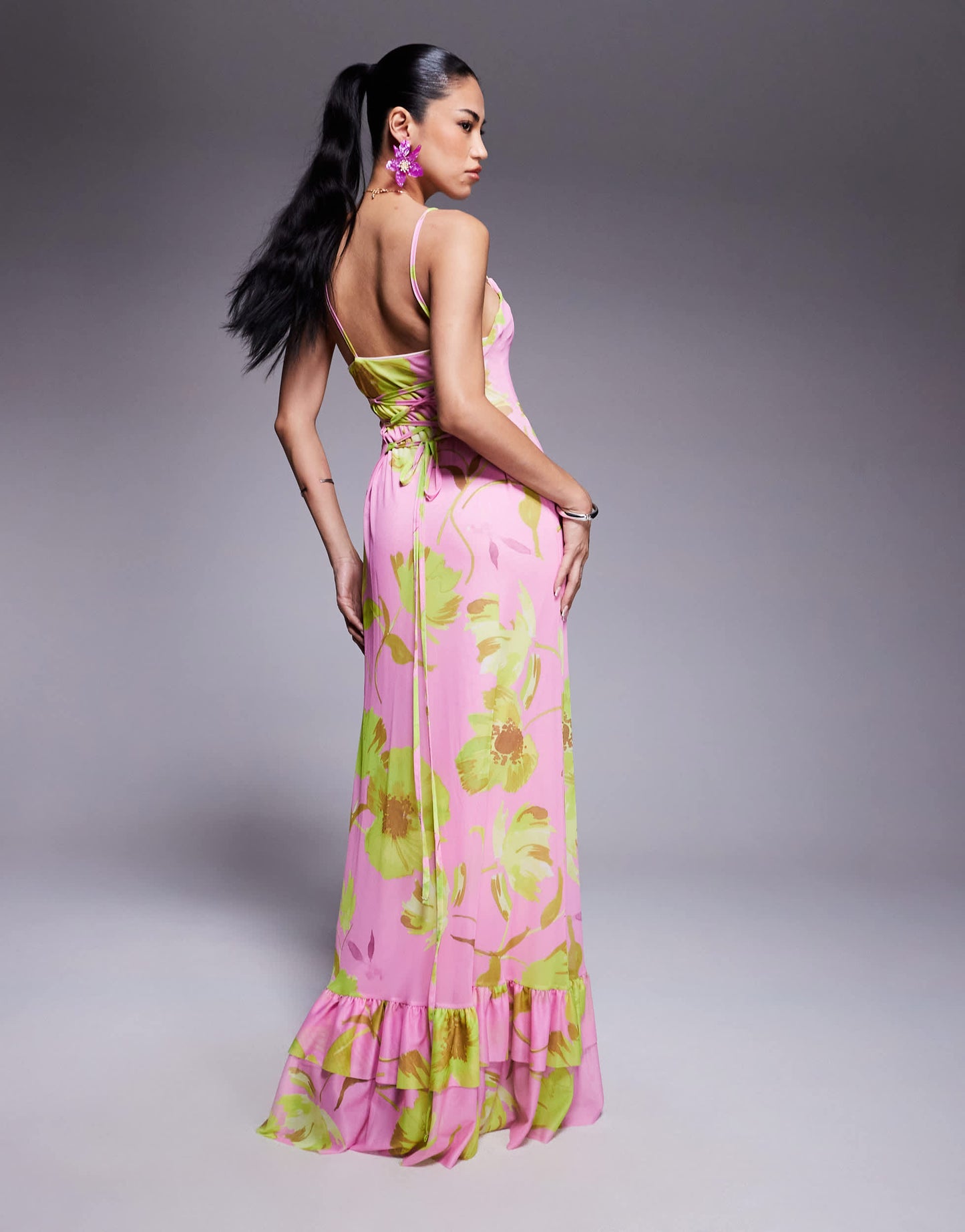 ASOS DESIGN cami strap with lace up back with frill detail maxi dress in bright floral print