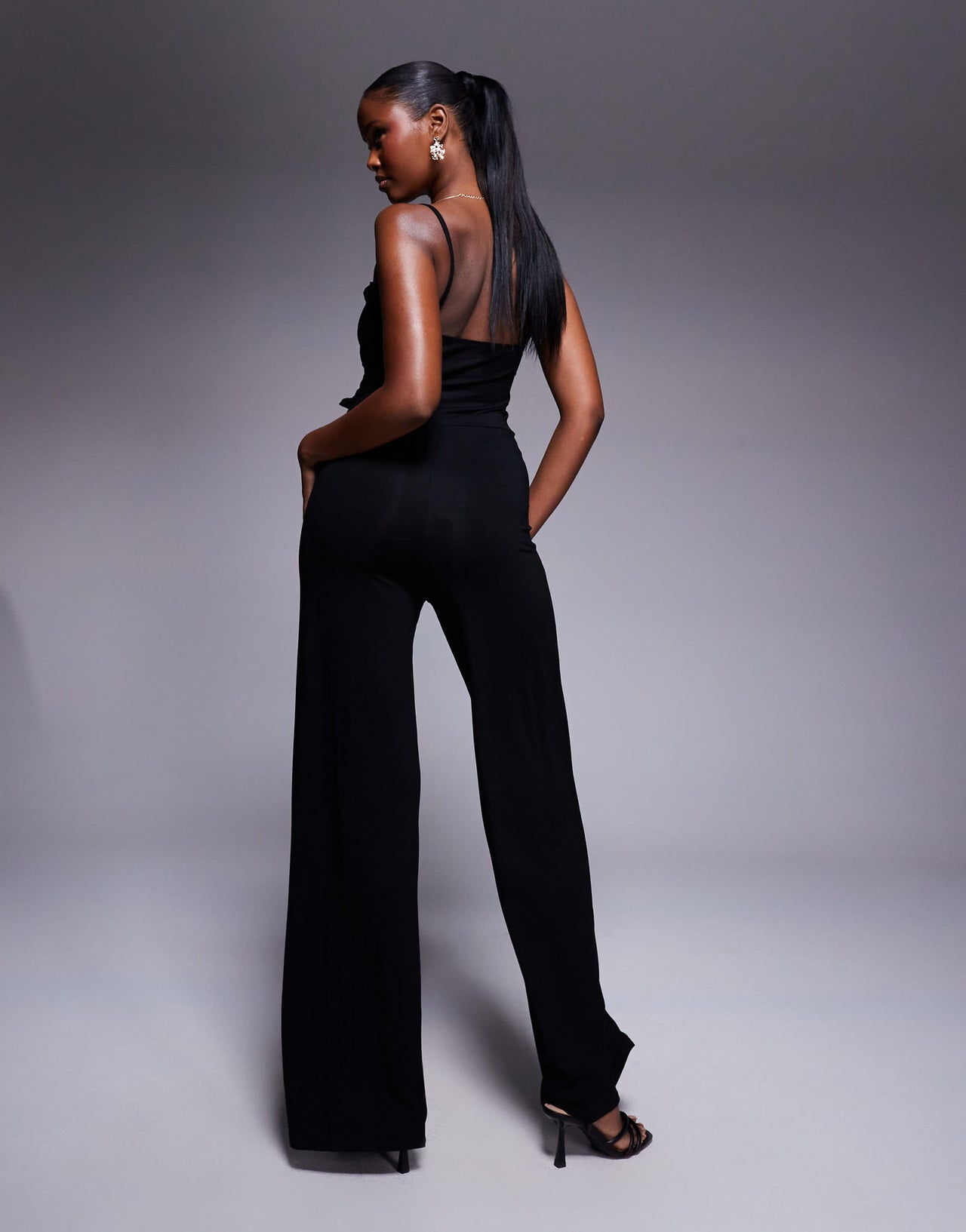 ASOS DESIGN cami strap with ruffles wide leg jumpsuit in black