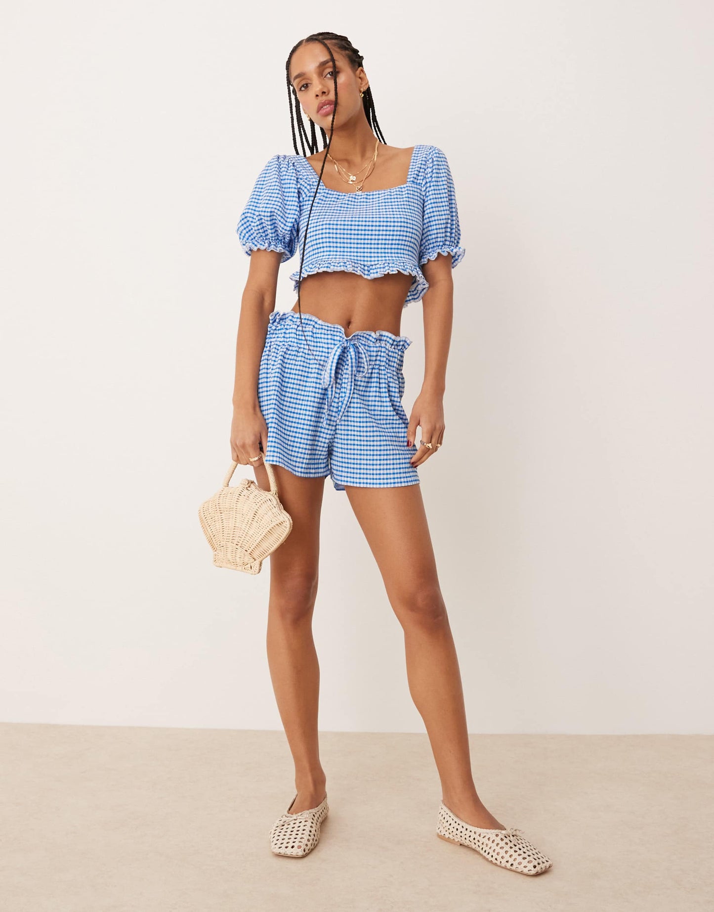ASOS DESIGN puff sleeve milkmaid top co-ord in light blue gingham