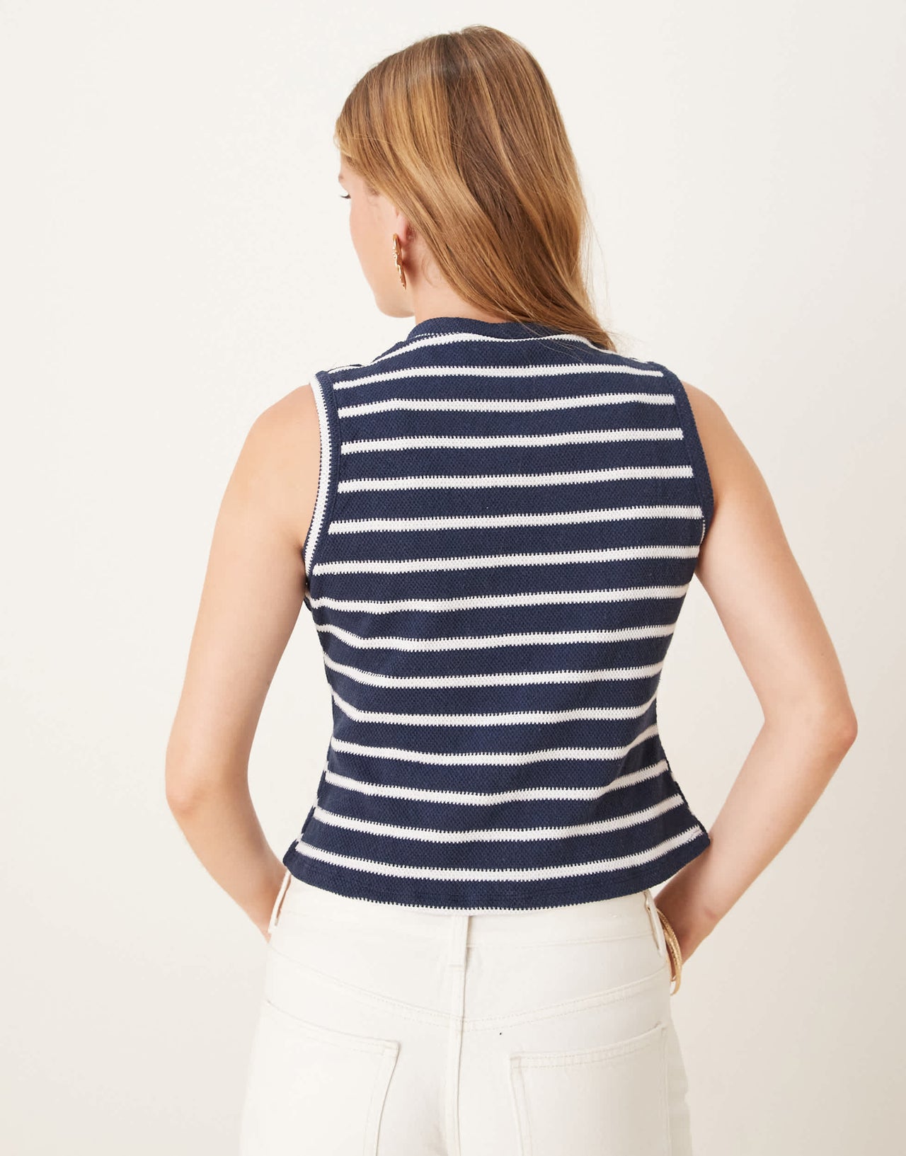 ASOS DESIGN jersey knit waistcoat with shell button detail in navy stripe