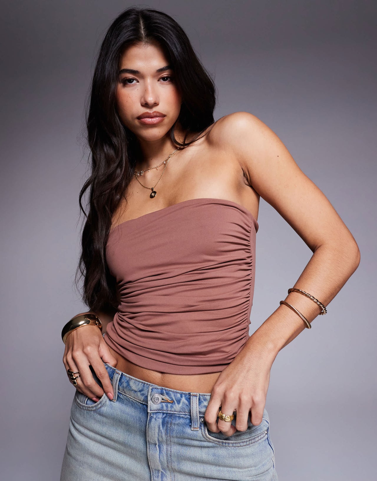 ASOS DESIGN ruched bandeau with pointed hem in chocolate
