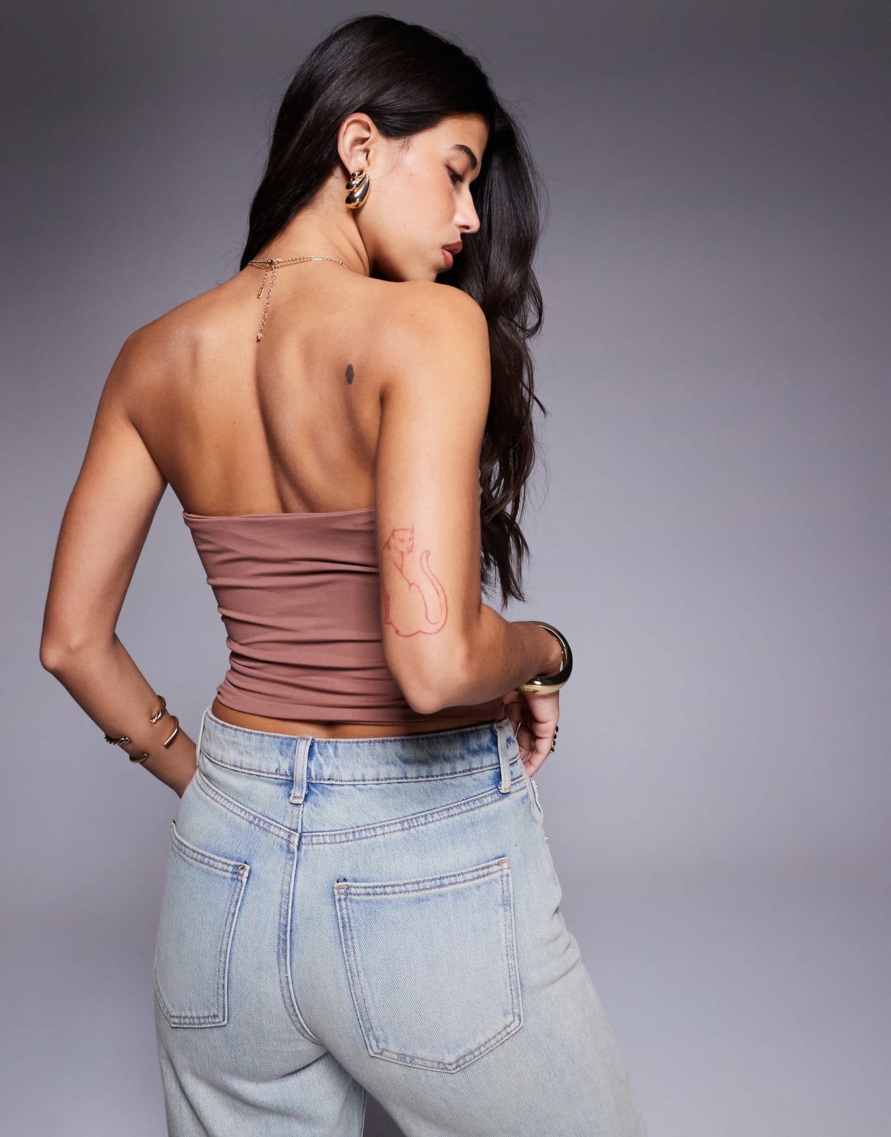 ASOS DESIGN ruched bandeau with pointed hem in chocolate