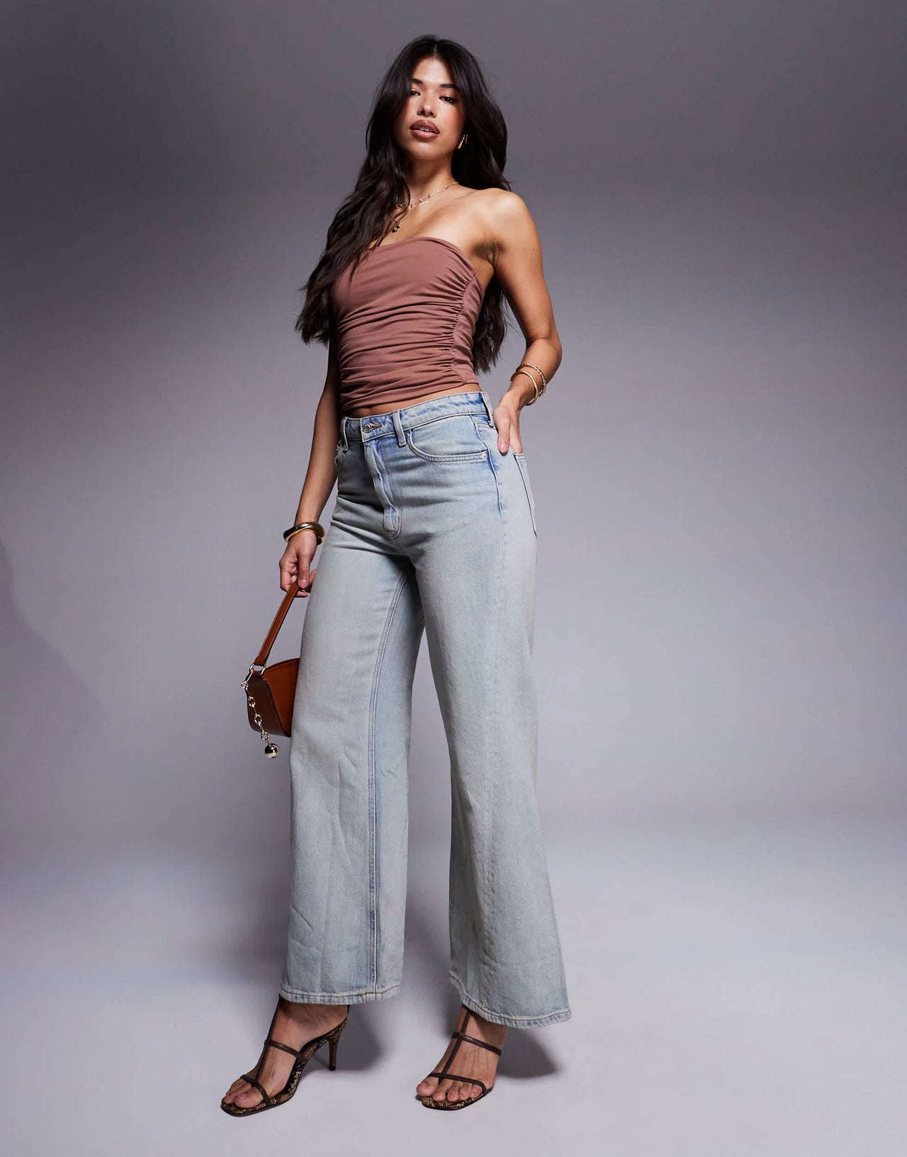 ASOS DESIGN ruched bandeau with pointed hem in chocolate