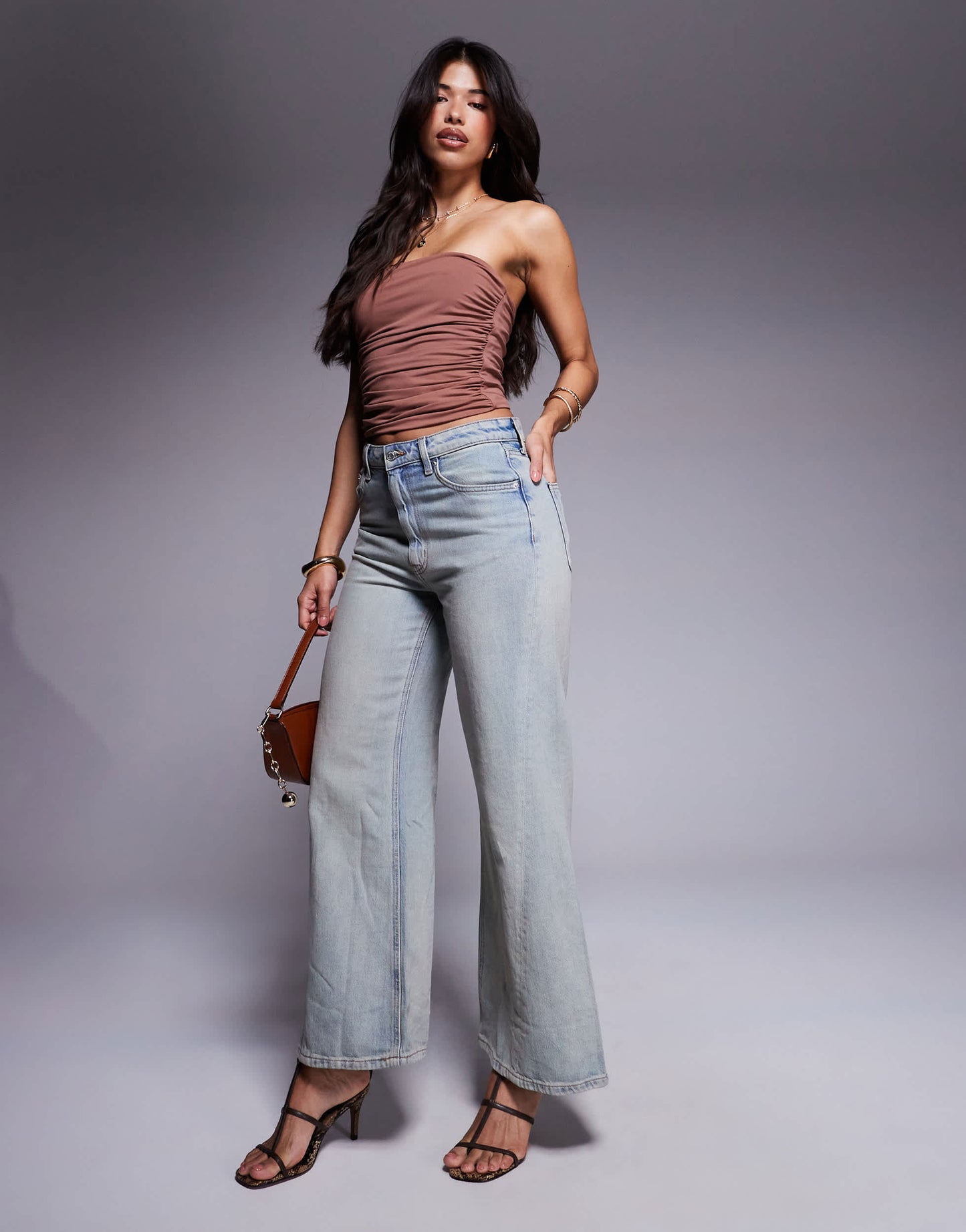 ASOS DESIGN ruched bandeau with pointed hem in chocolate