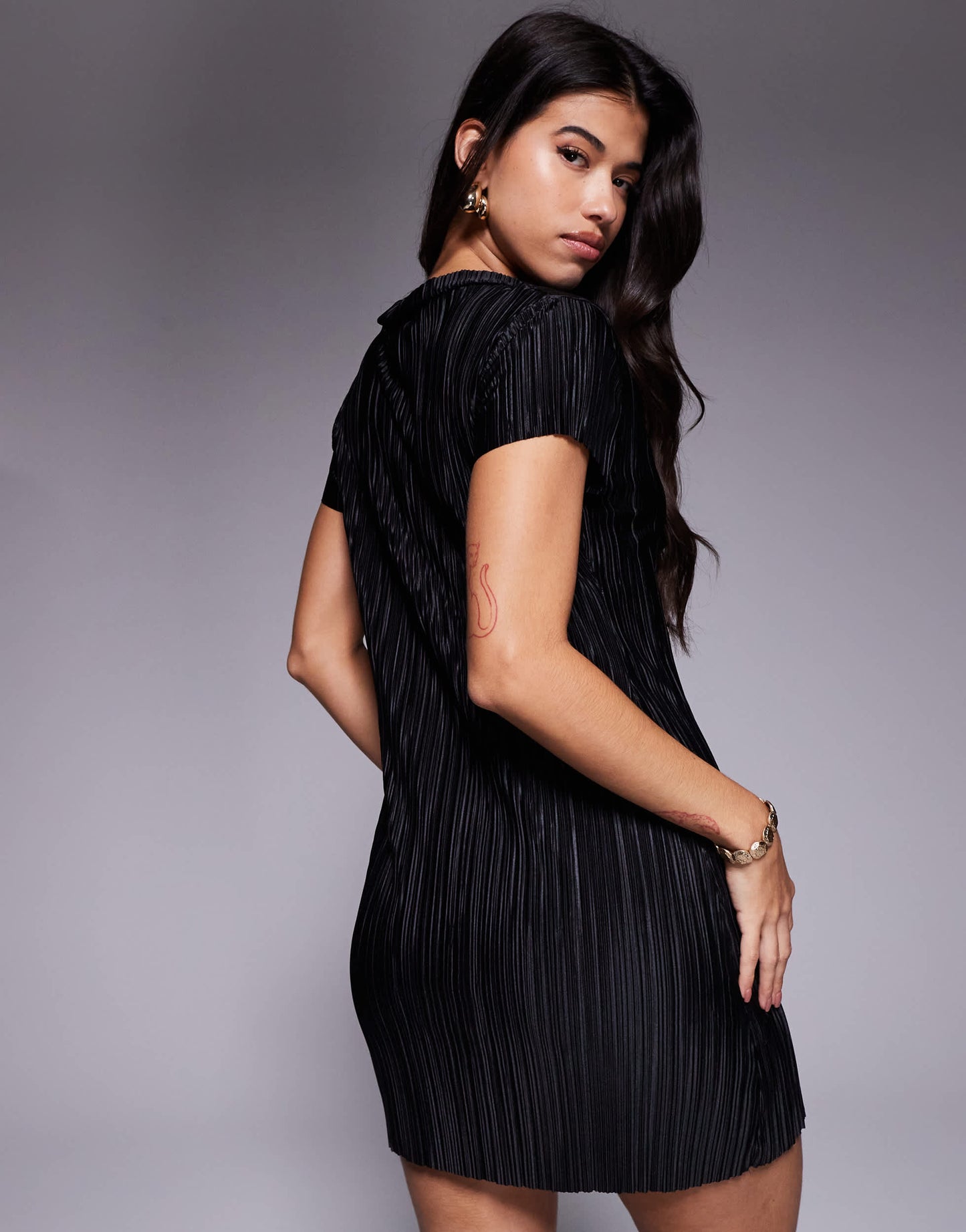 ASOS DESIGN plisse short sleeve button down mini dress in black