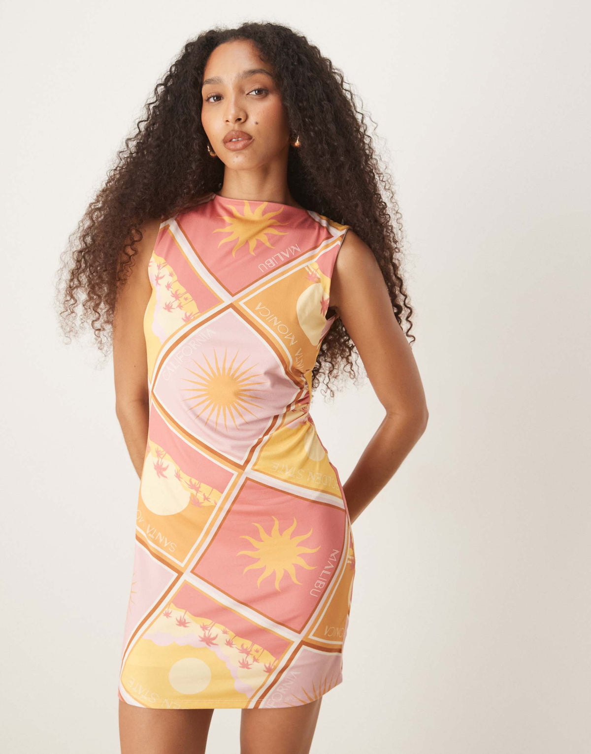 ASOS DESIGN sleeveless open back mini dress in pink patchwork print