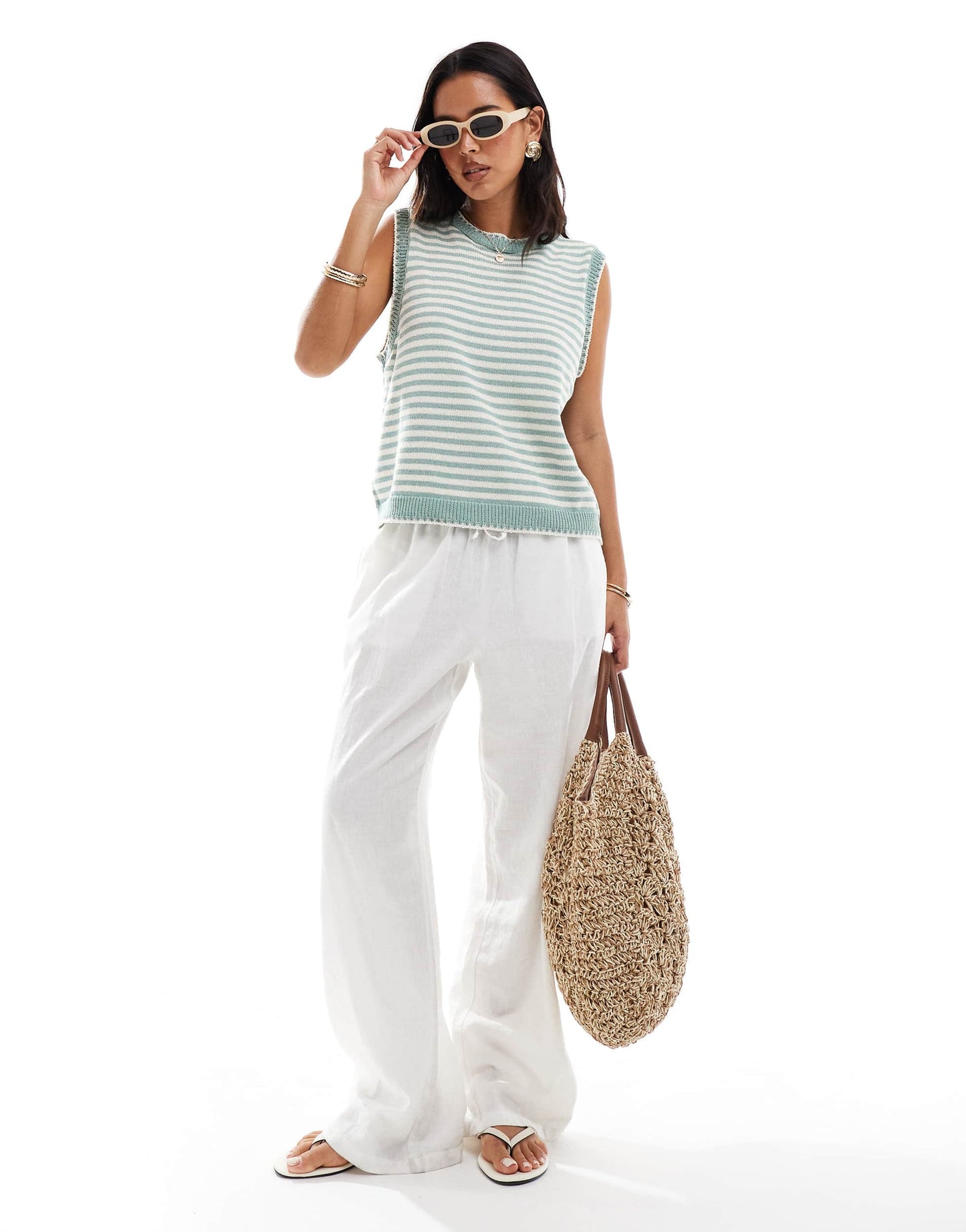 ASOS DESIGN knitted tank top with contrast blanket stitch in green stripe