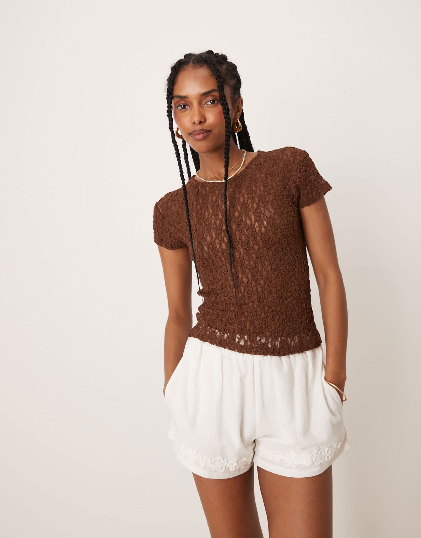 ASOS DESIGN lace short sleeve baby tee in brown