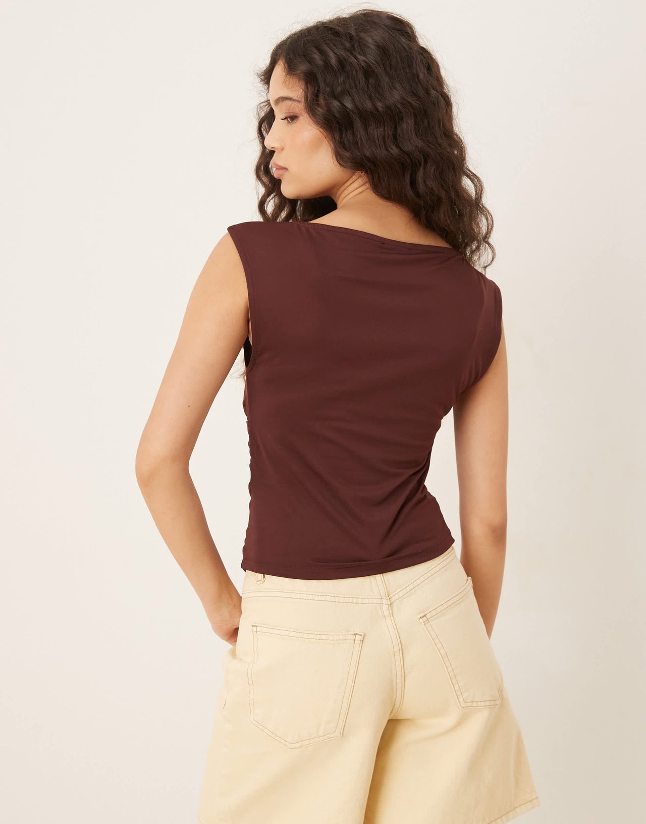 ASOS DESIGN boat neck under bust seam detail top in chocolate