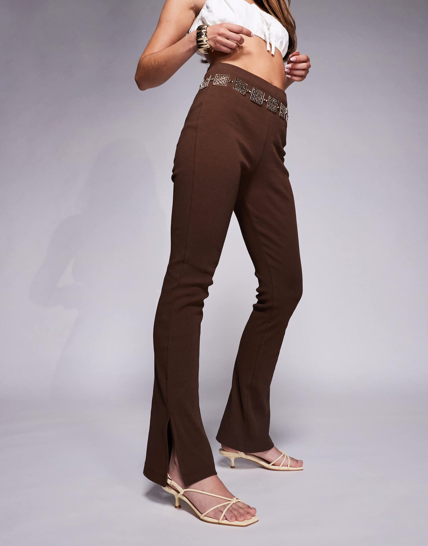 ASOS DESIGN ribbed split hem flare trouser in chocolate