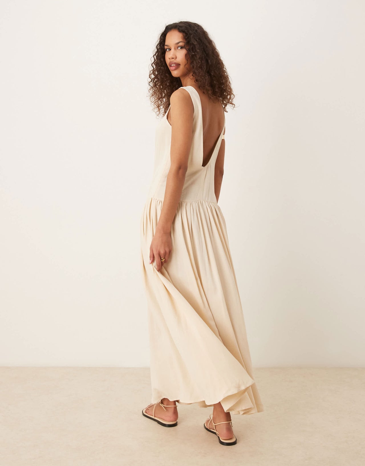 ASOS DESIGN linen blend low back drop waist maxi dress in beige