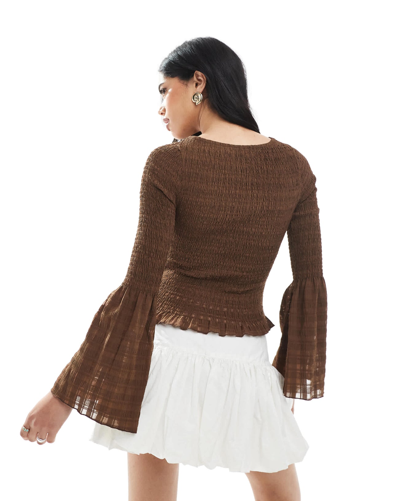 ASOS DESIGN shirred angel sleeve top in chocolate