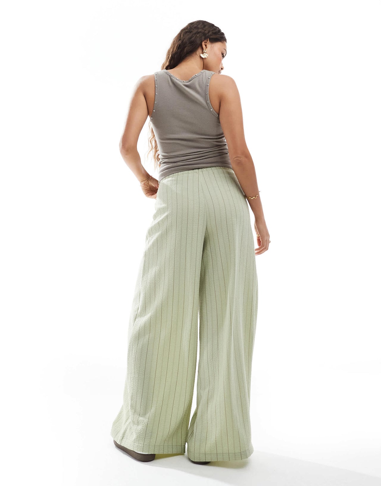 Stradivarius Petite linen look wide leg trouser in khaki stripe