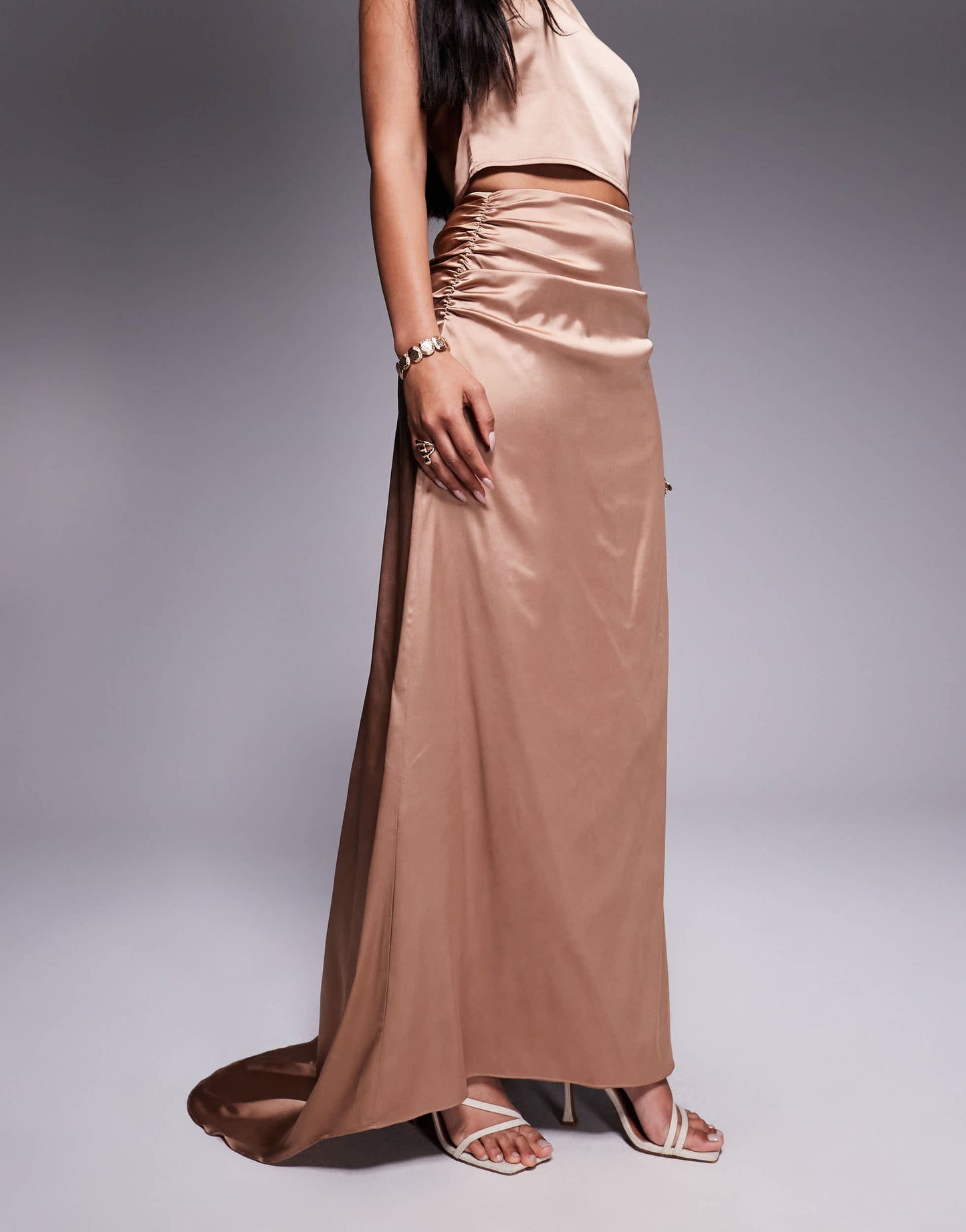 TFNC satin train maxi skirt co-ord in mocha