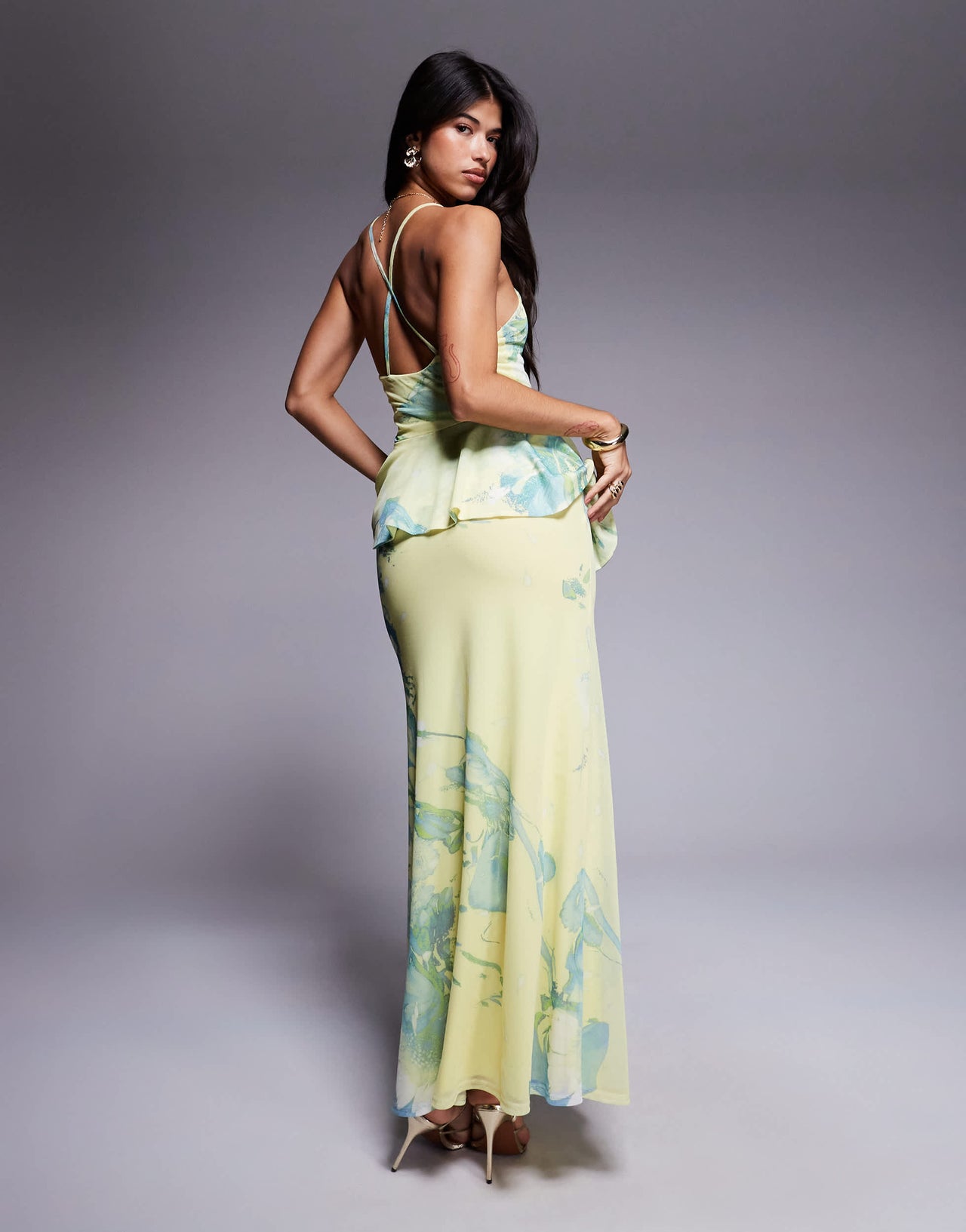 ASOS DESIGN cami with peplum detail mesh maxi dress in floral print