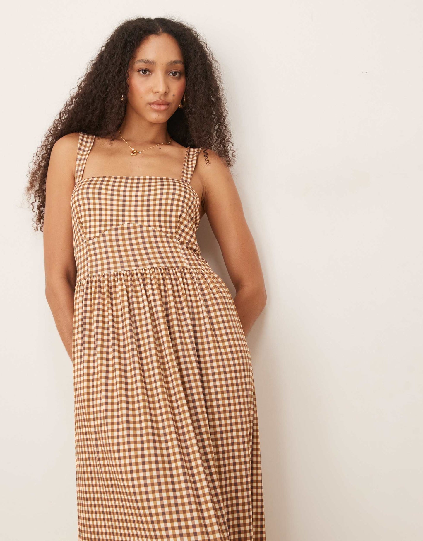 ASOS DESIGN square neck milkmaid midi in gingham print
