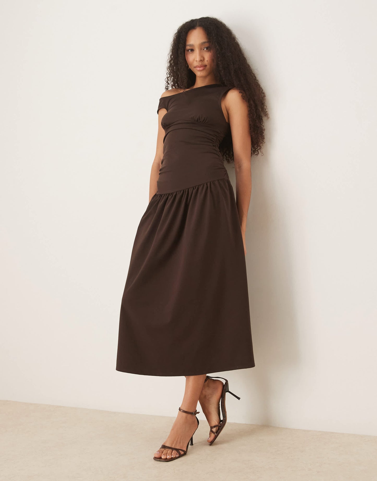 ASOS DESIGN slash neck fitted waist midi dress in brown