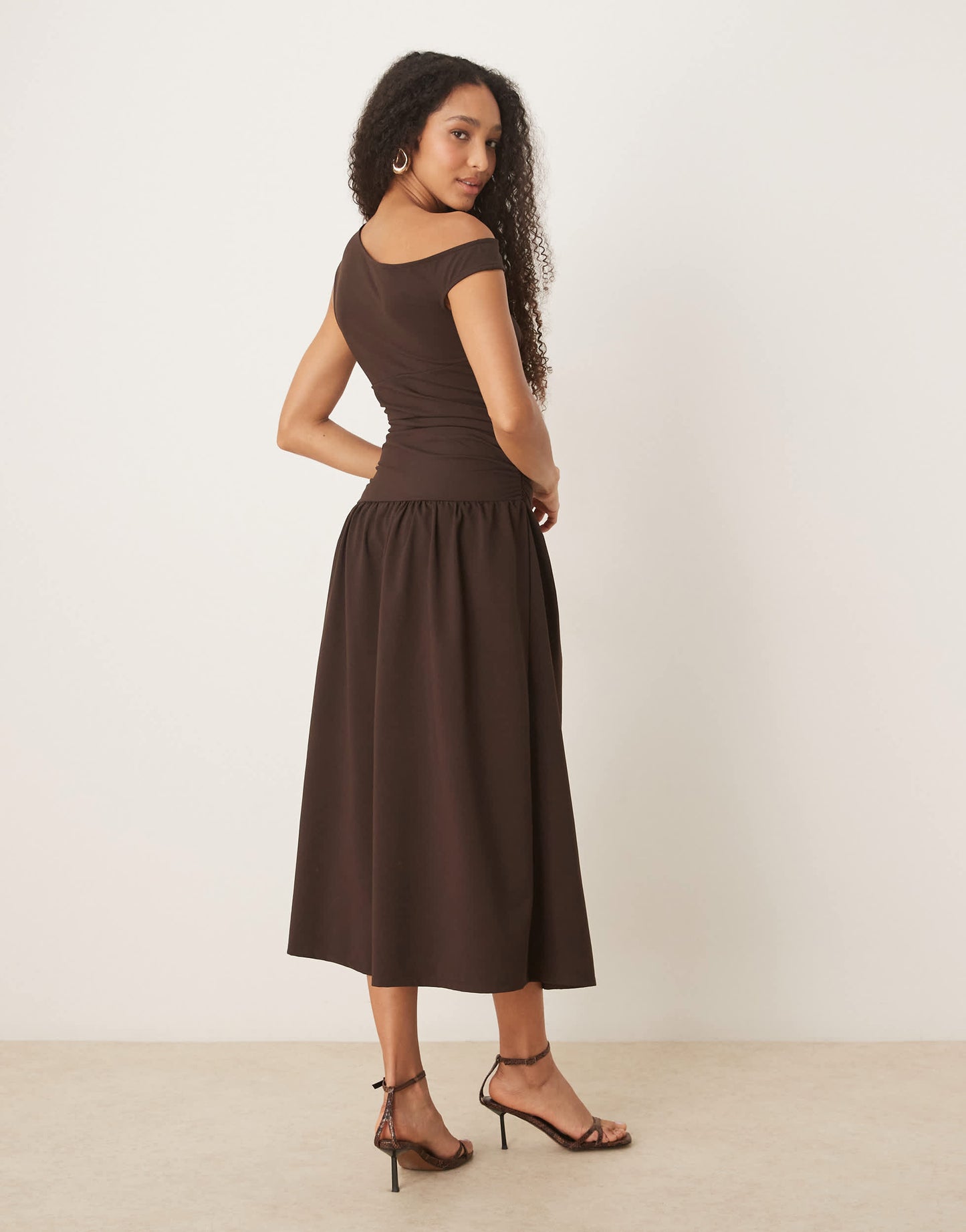 ASOS DESIGN slash neck fitted waist midi dress in brown