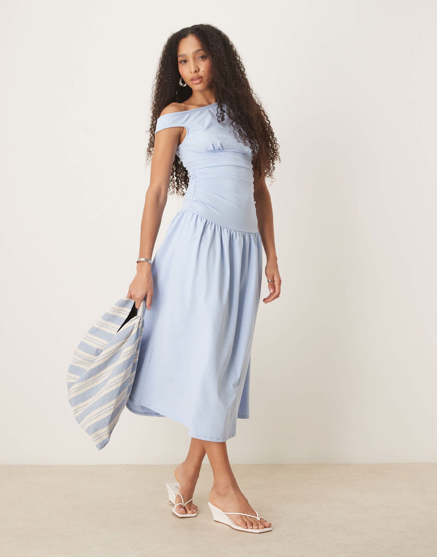 ASOS DESIGN slash neck fitted waist midi dress in baby blue