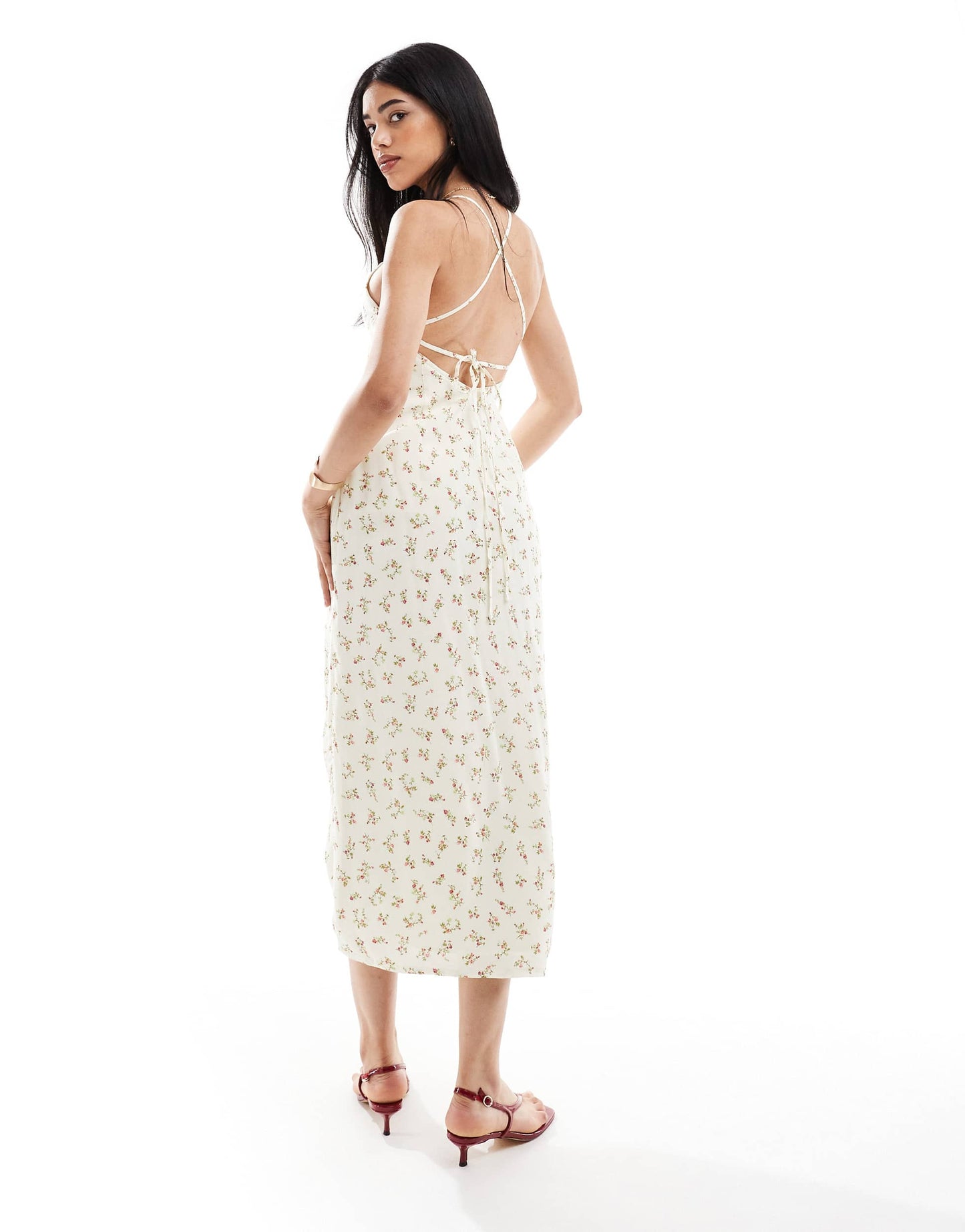 Bershka cross back midaxi slip dress in butter floral