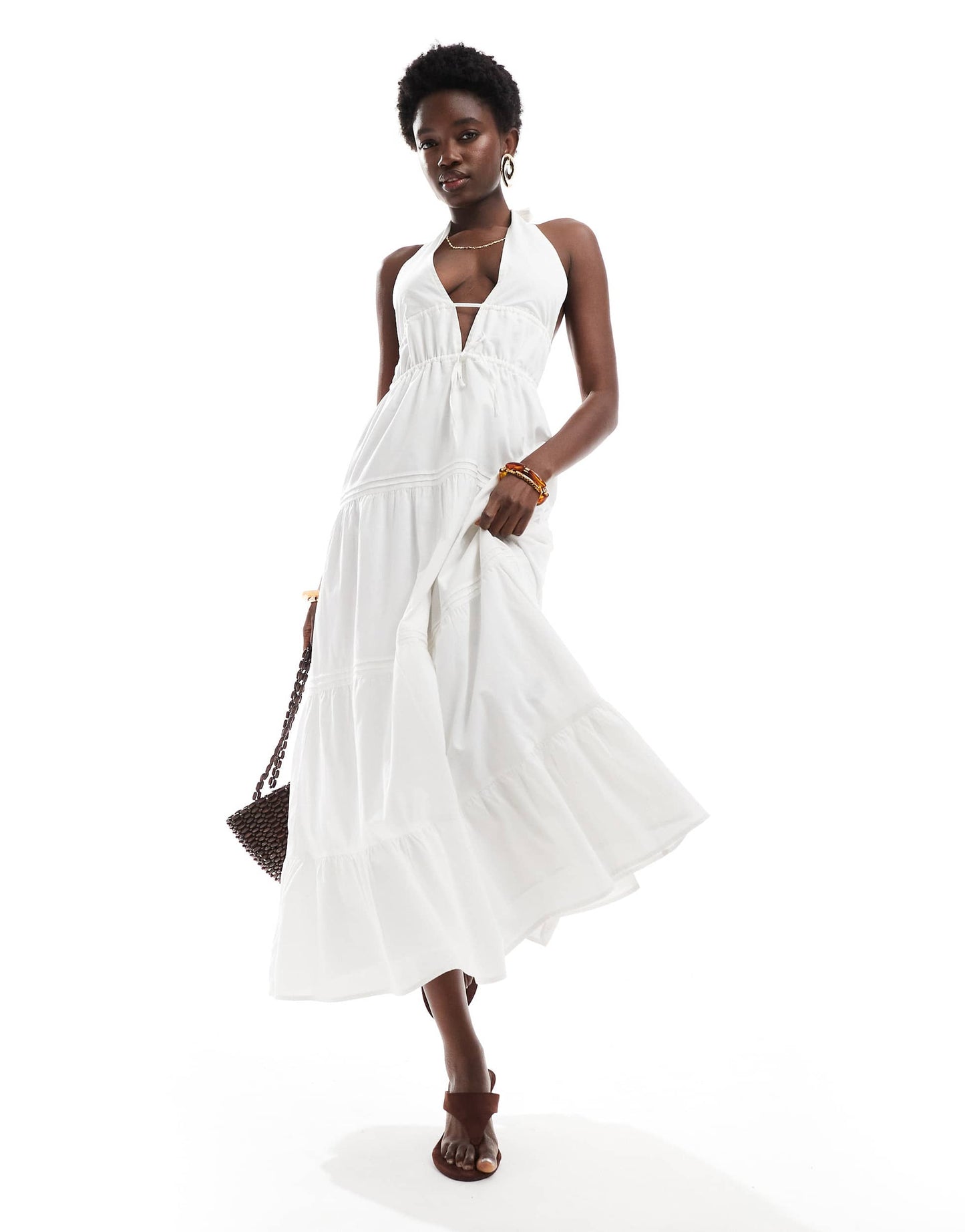 Bershka halterneck tiered maxi dress in white