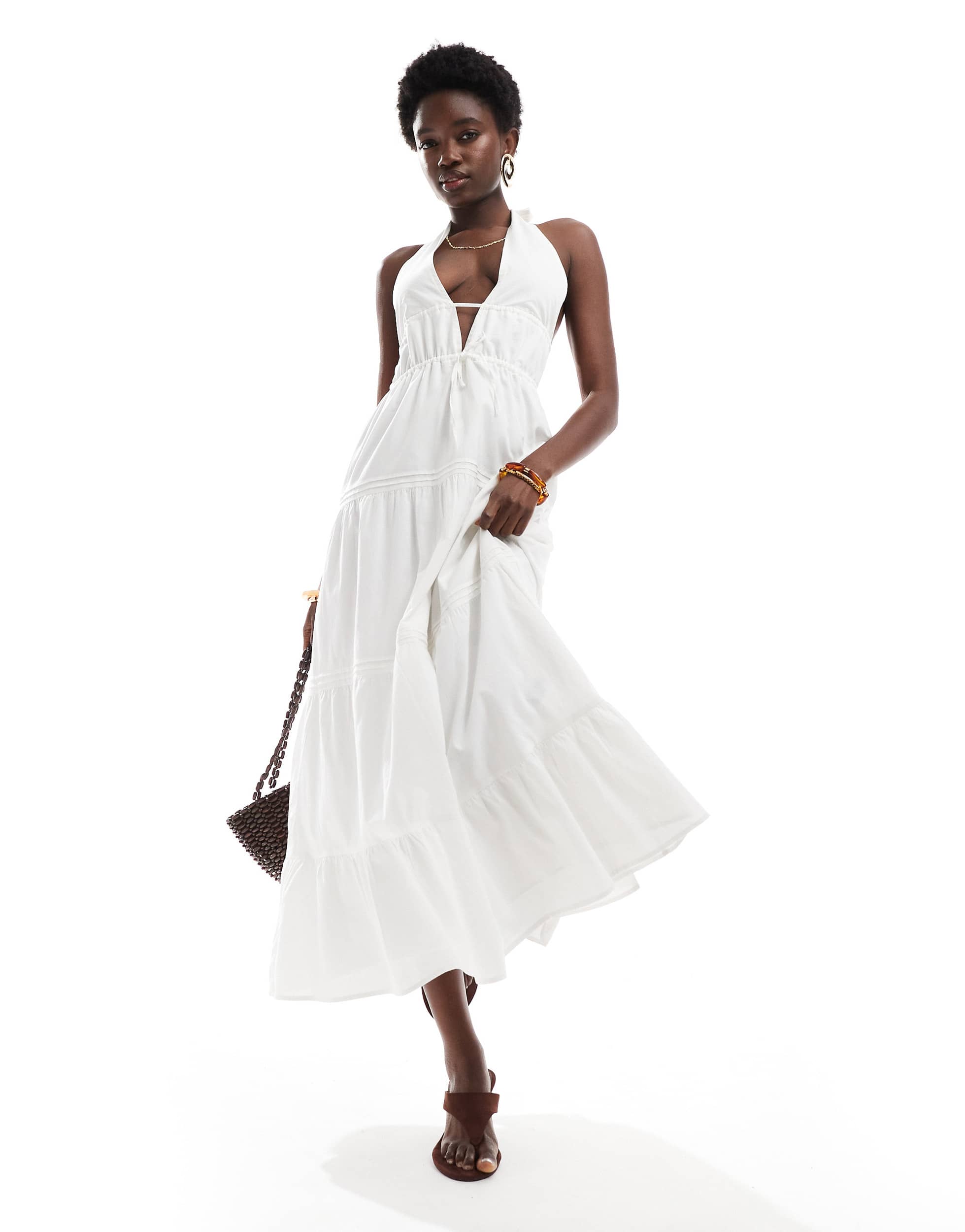 Bershka halterneck tiered maxi dress in white