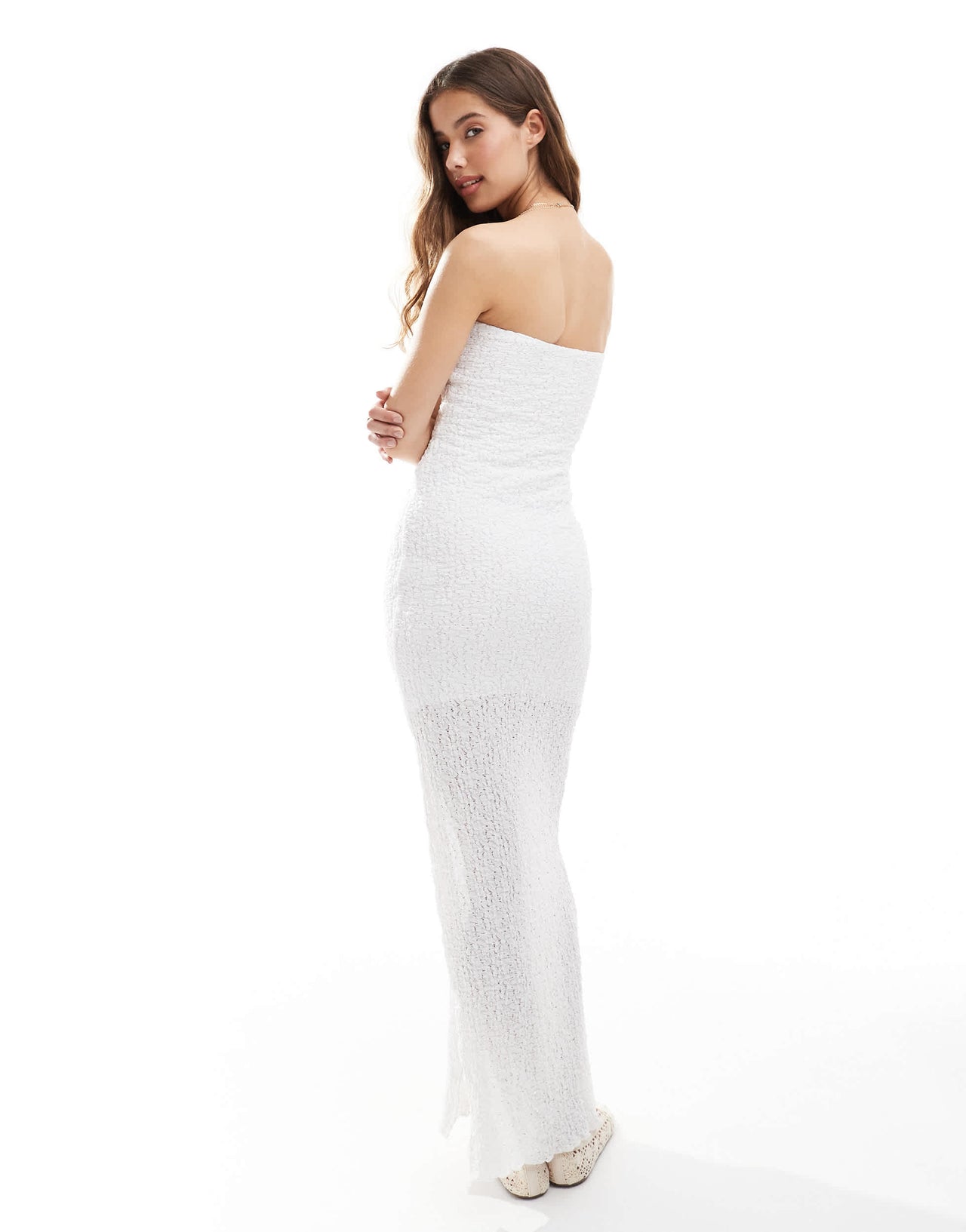 Bershka bandeau shirred bodycon maxi dress in white